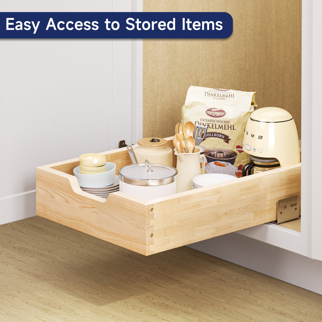 Pull Out Cabinet Organizer, 13.5 in W x 21 in D Solid Wood Slide Out Drawer, Soft Close Sliding Shelf, Bottom or Side Mount for Kitchen Pantry Bathroom, Fits 14.5 in Cabinet Opening