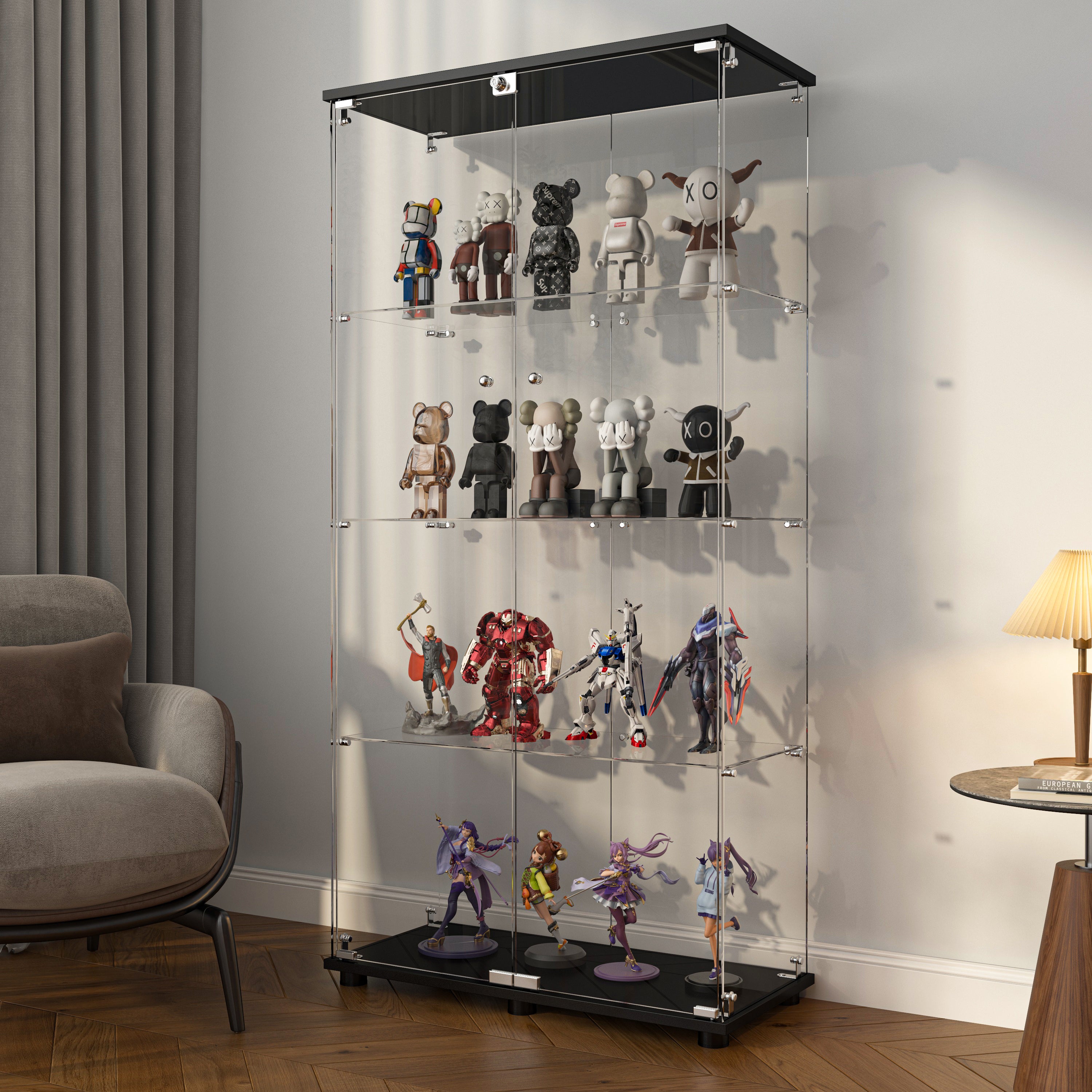 Glass Display Cabinet with Lock, 4-Shelf Double Door Curio Cabinet with Tempered Glass Shelves, Floor Standing Display Case for Collectibles and Decor, 31.7" W x 14.3" D x 64" H