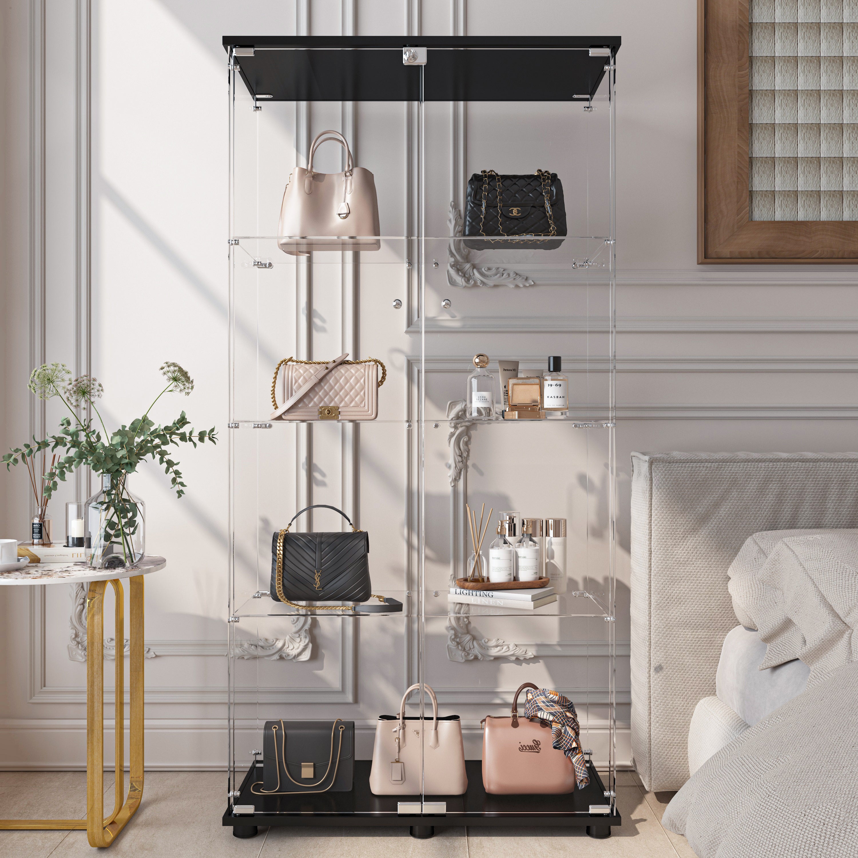 Glass Display Cabinet with Lock, 4-Shelf Double Door Curio Cabinet with Tempered Glass Shelves, Floor Standing Display Case for Collectibles and Decor, 31.7" W x 14.3" D x 64" H