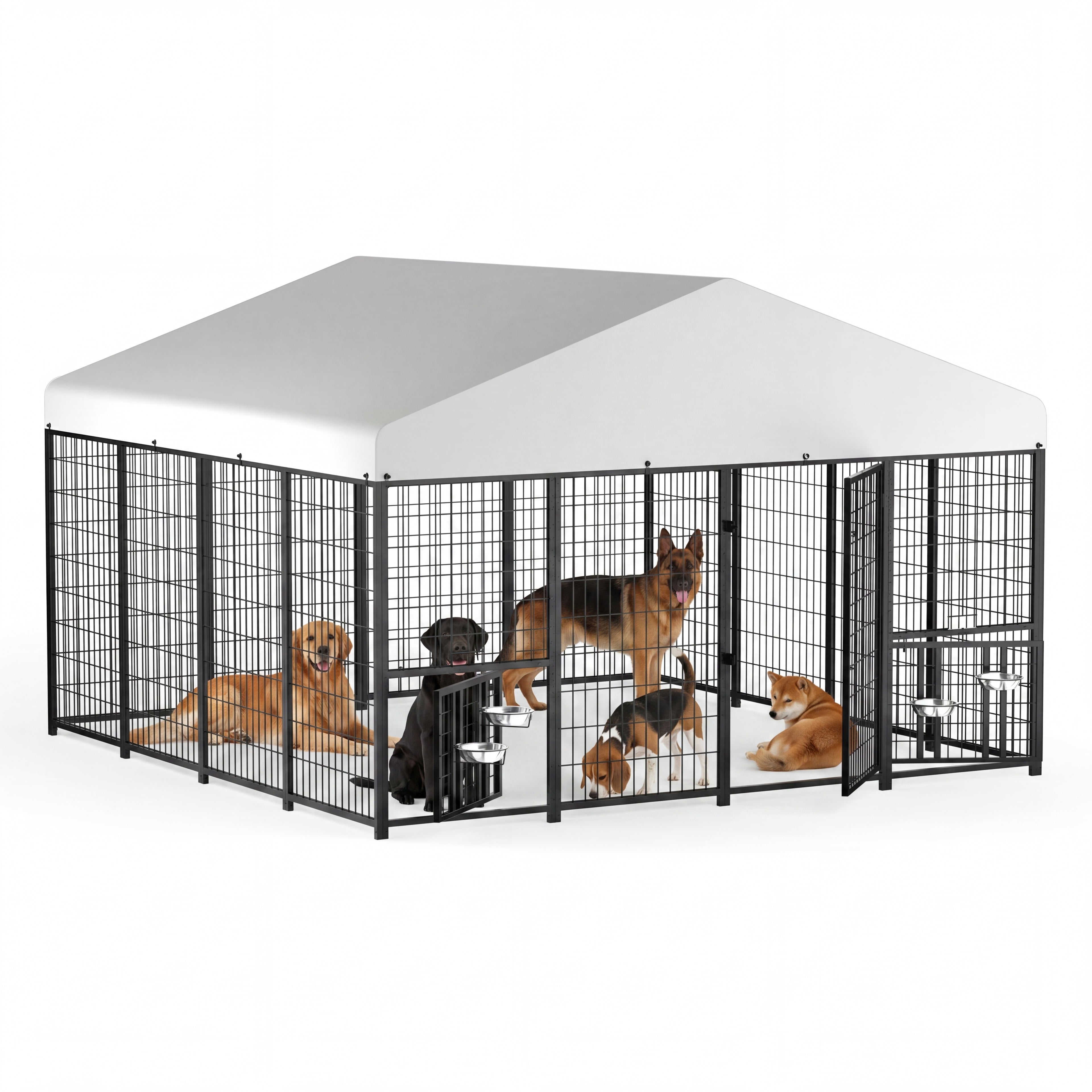 LUXYARD Outdoor Dog Kennel with Rotating Feeding Door, Stainless Bowls and Upgraded Polyester Roof