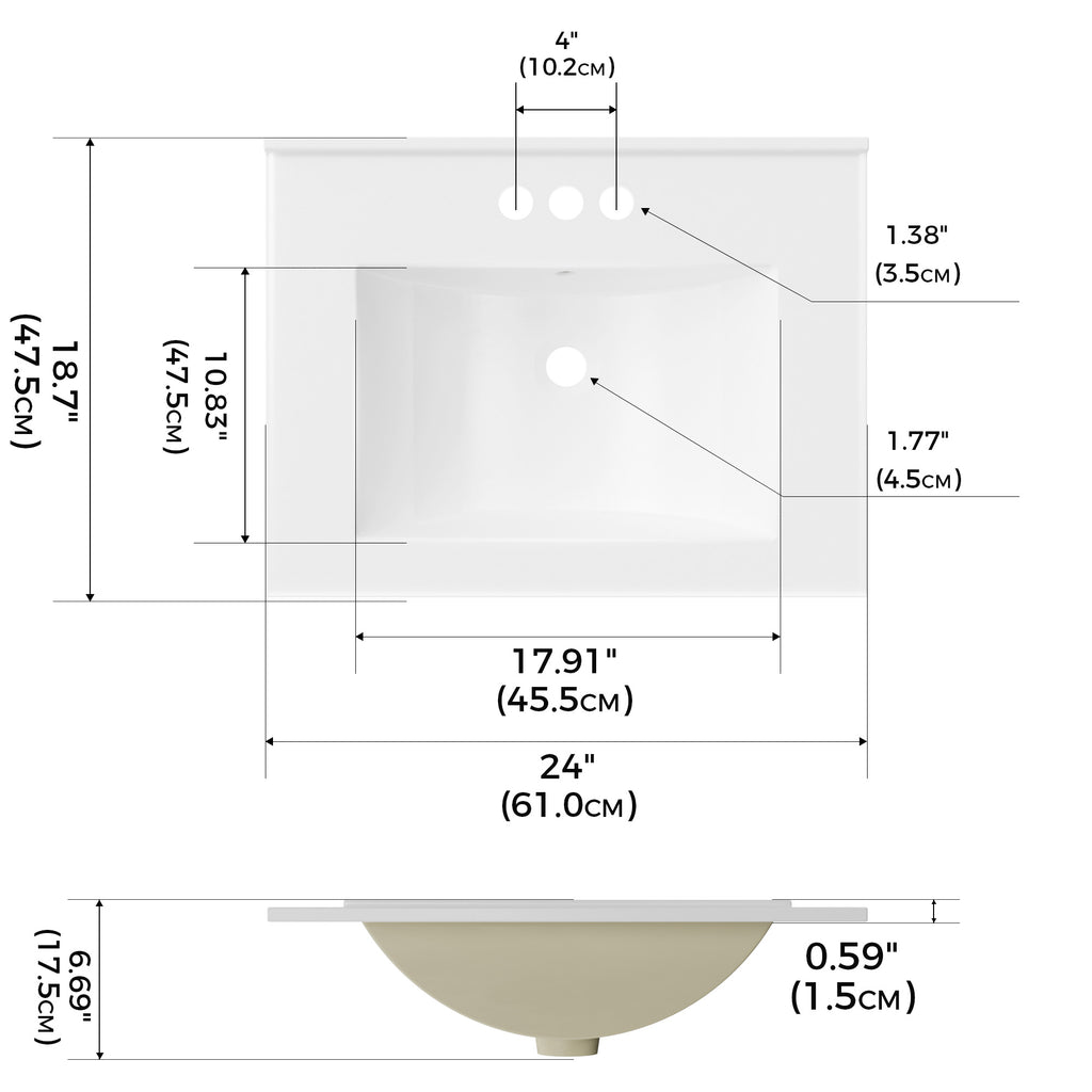 24" Ceramic Integrated Bathroom Sink, Rectangular Vanity Sink Top with Overflow and 3 Faucet Holes, Faucet Not Included, White