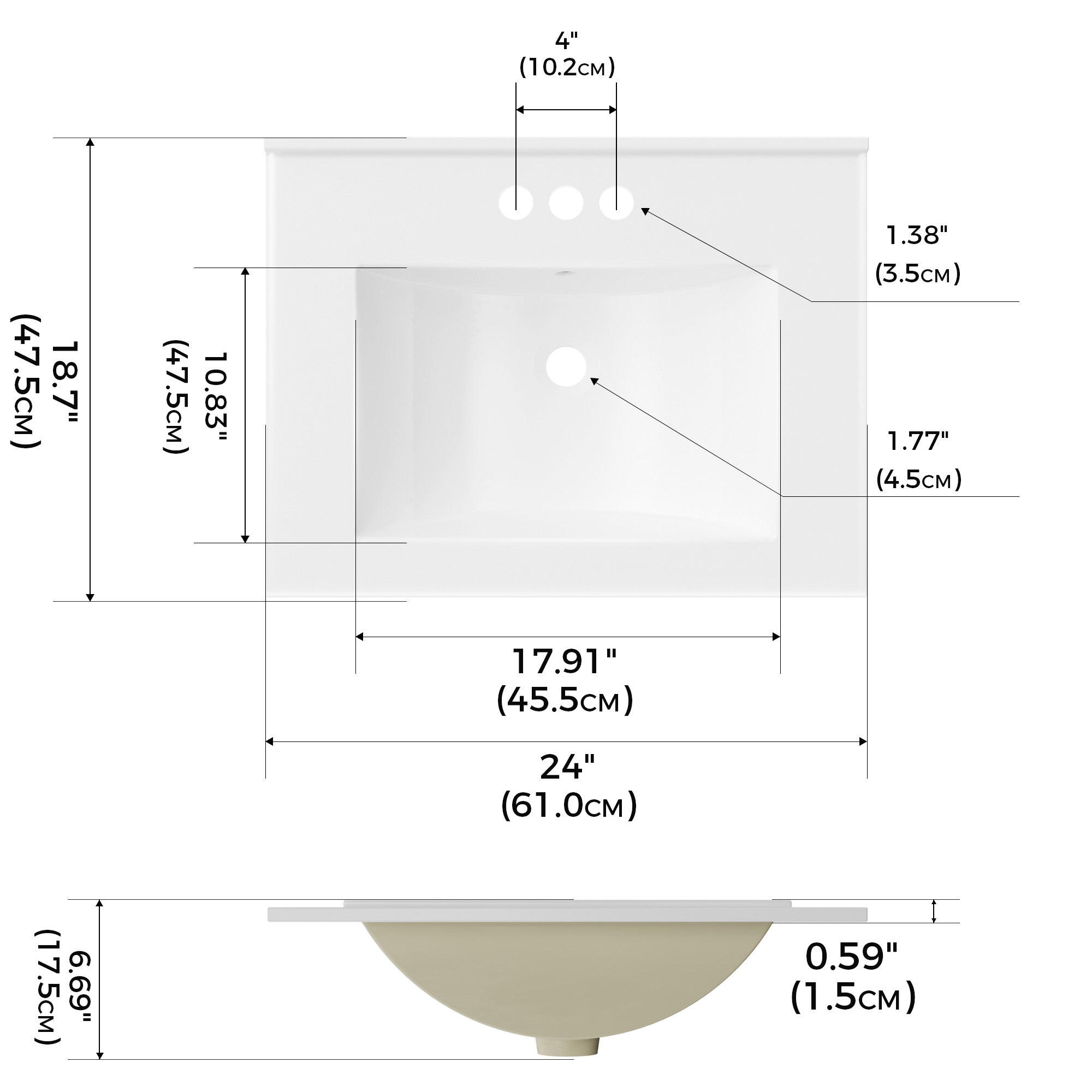 24" Ceramic Integrated Bathroom Sink, Rectangular Vanity Sink Top with Overflow and 3 Faucet Holes, Faucet Not Included, White