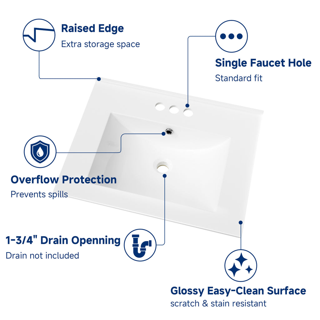 24" Ceramic Integrated Bathroom Sink, Rectangular Vanity Sink Top with Overflow and 3 Faucet Holes, Faucet Not Included, White