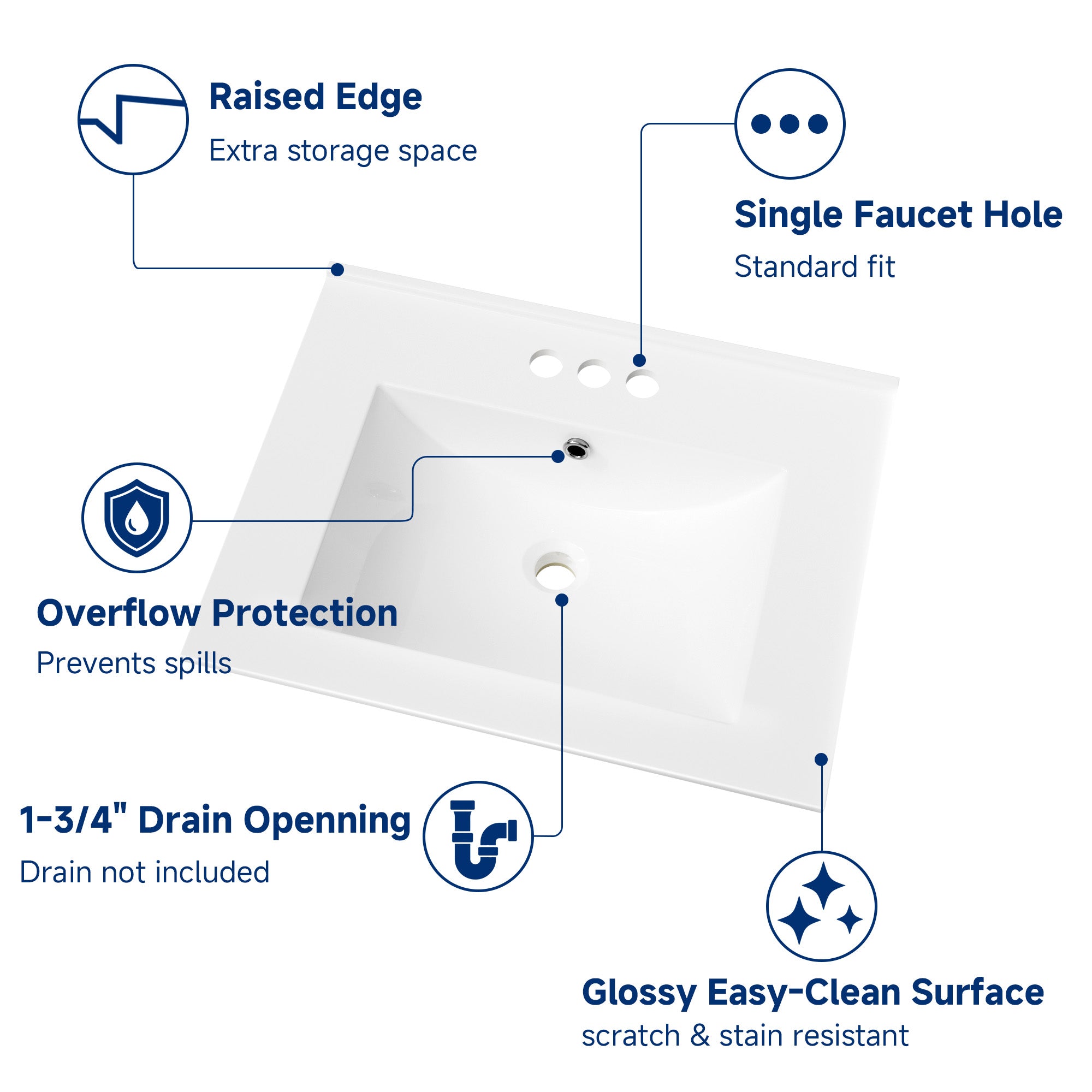 24" Ceramic Integrated Bathroom Sink, Rectangular Vanity Sink Top with Overflow and 3 Faucet Holes, Faucet Not Included, White