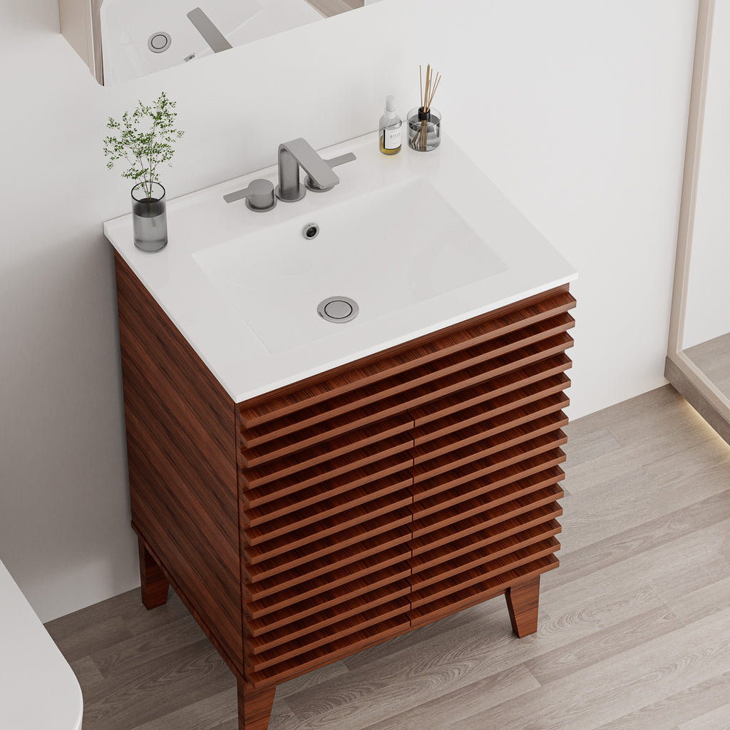 24" Ceramic Integrated Bathroom Sink, Rectangular Vanity Sink Top with Overflow and 3 Faucet Holes, Faucet Not Included, White