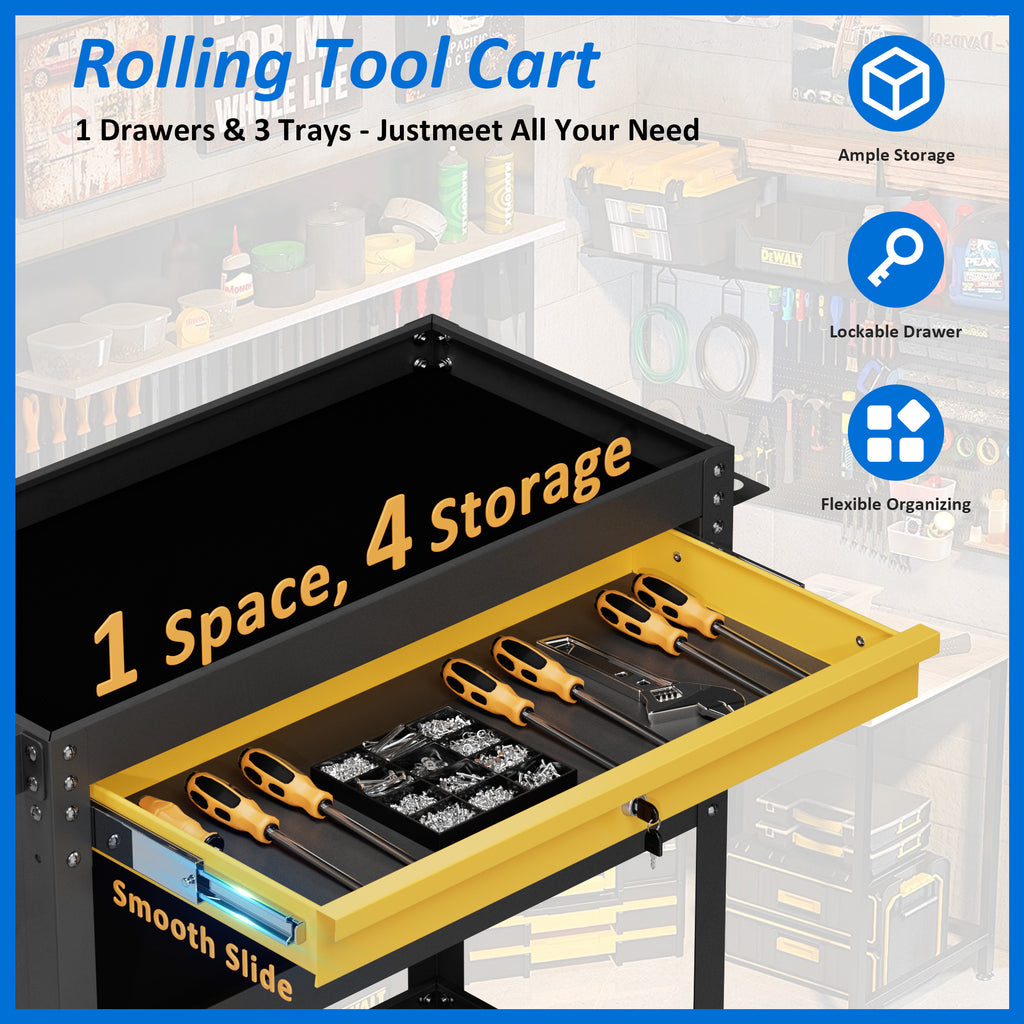 Heavy-Duty Rolling Tool Cart with Drawer & Pegboard, Mobile Garage Storage Organizer for Workshop