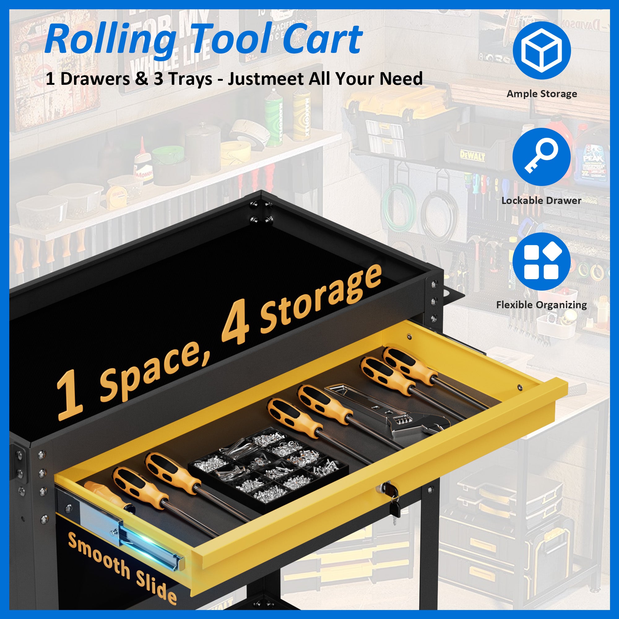 Heavy-Duty Rolling Tool Cart with Drawer & Pegboard, Mobile Garage Storage Organizer for Workshop
