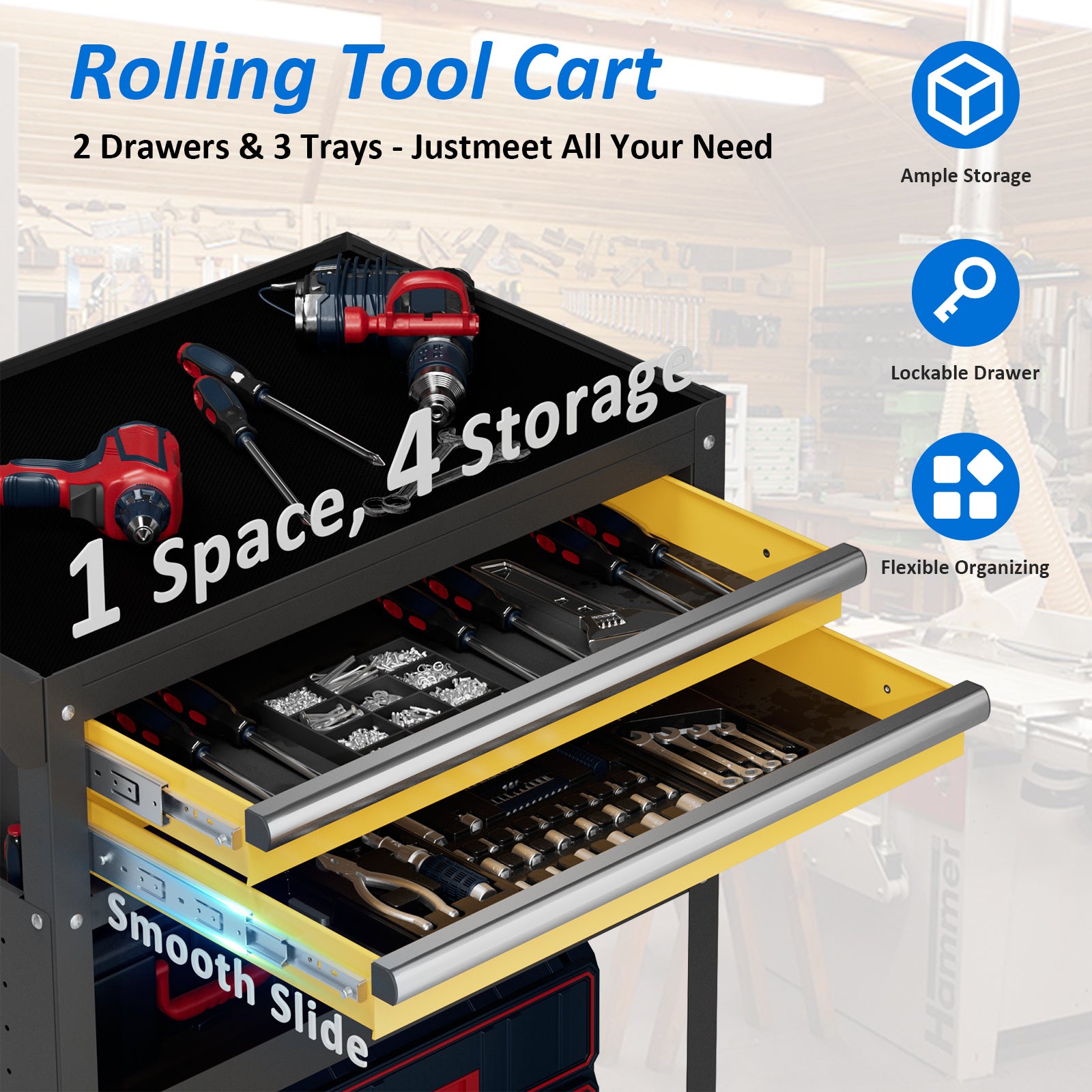 Heavy-Duty Rolling Tool Cart with Drawer & Pegboard, Mobile Garage Storage Organizer for Workshop