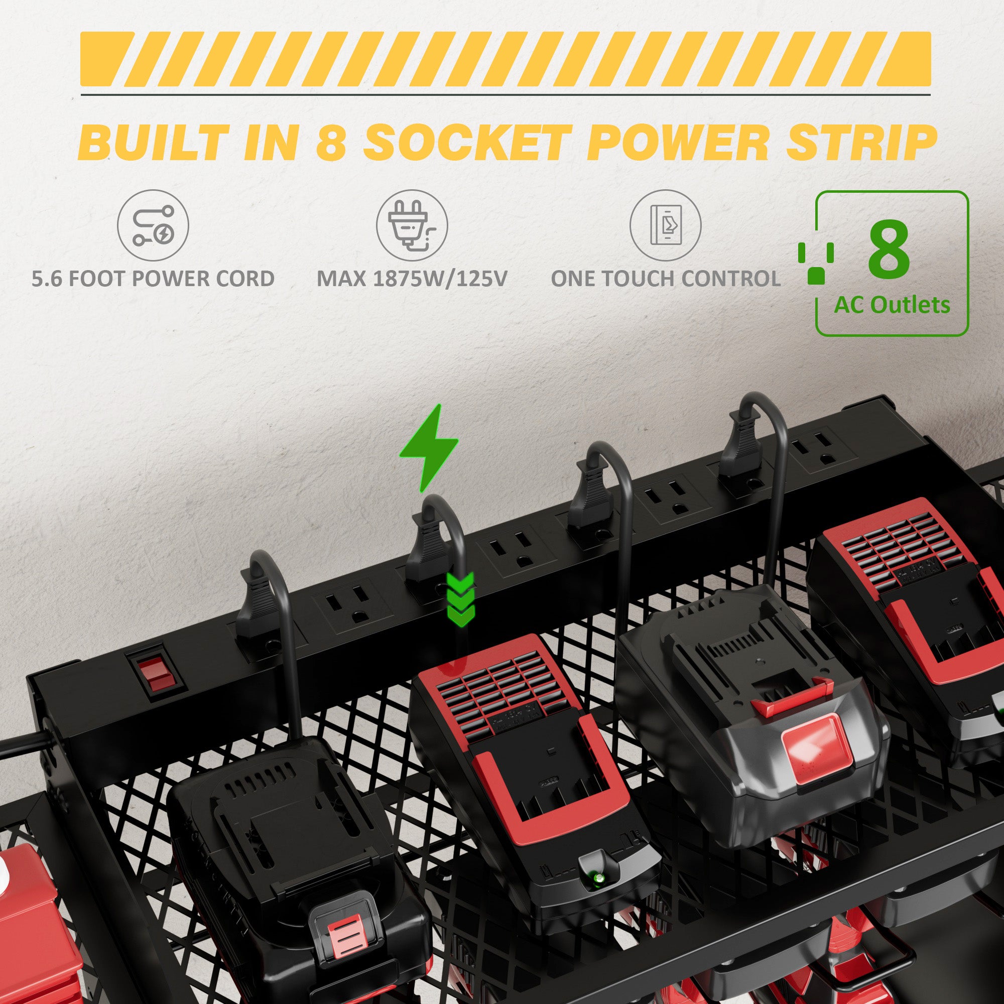 Power Tool Organizer Wall Mount with Charging Station 3-Tier Metal Garage Tool Storage Rack with 8-Outlet Power Strip