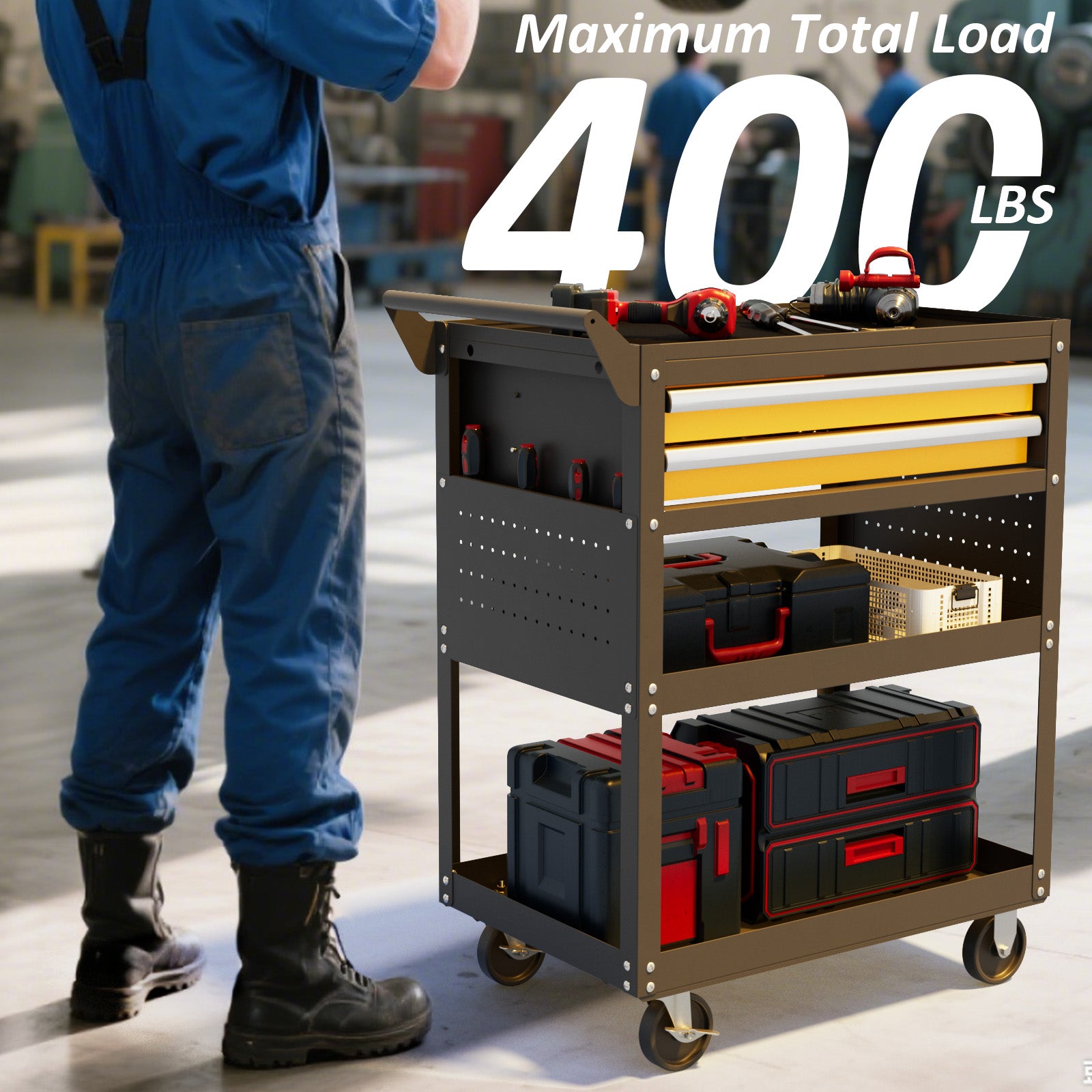 Heavy-Duty Rolling Tool Cart with Drawer & Pegboard, Mobile Garage Storage Organizer for Workshop