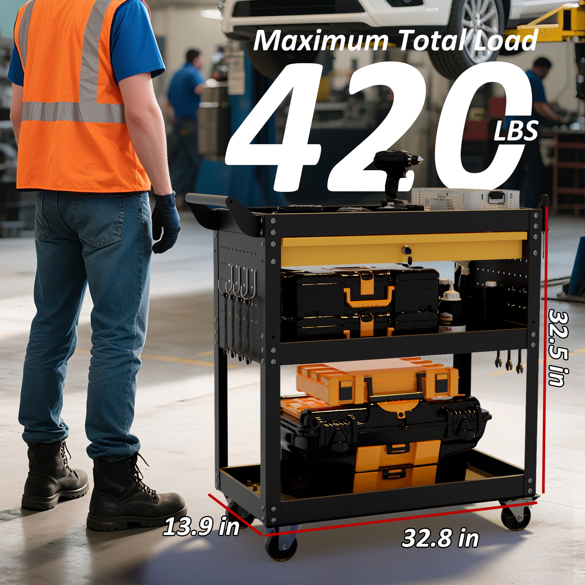 Heavy-Duty Rolling Tool Cart with Drawer & Pegboard, Mobile Garage Storage Organizer for Workshop