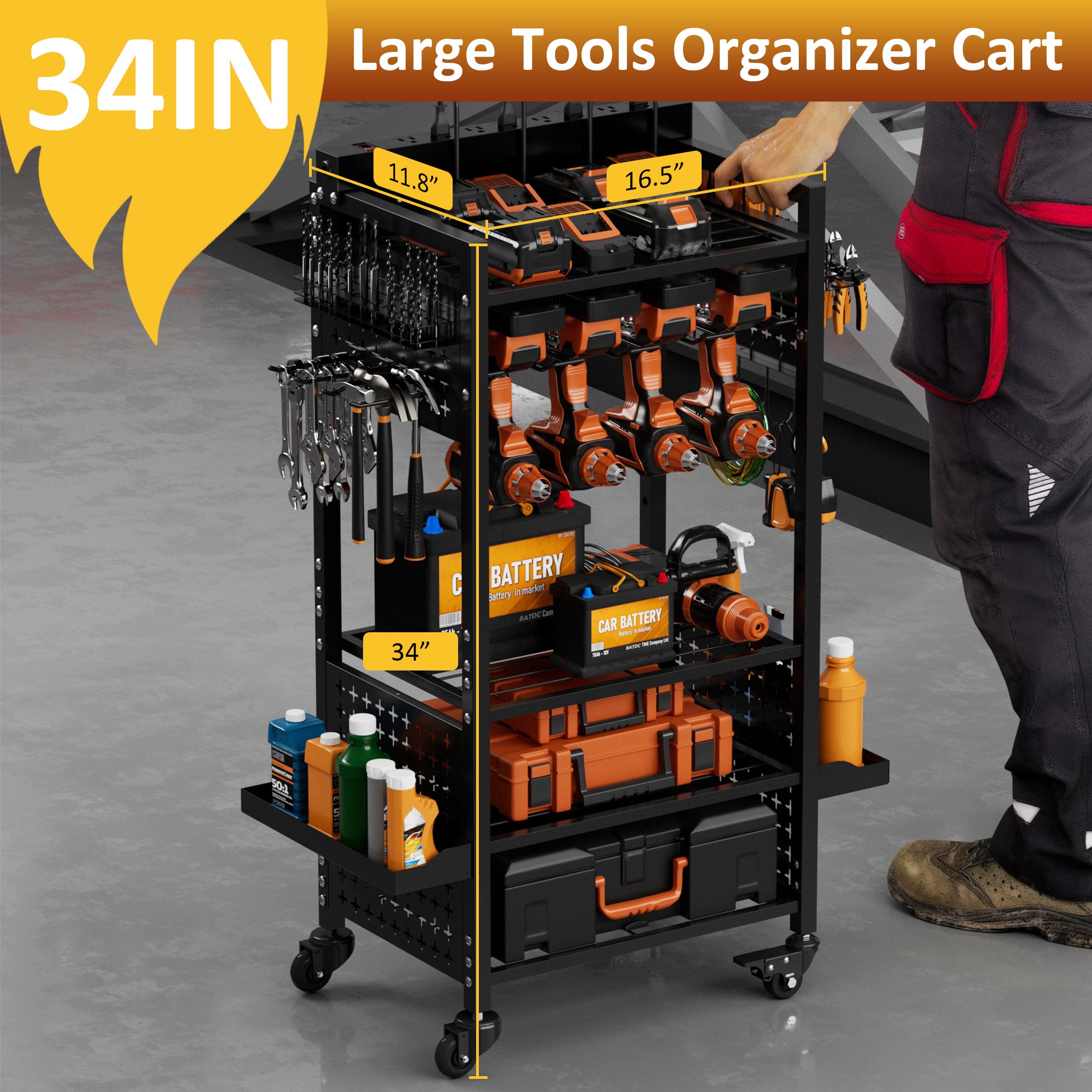 Power Tool Organizer Cart with Adjustable Storage, Garage Workshop Utility Cart for Mechanic, Birthday Gift Ideas for Men