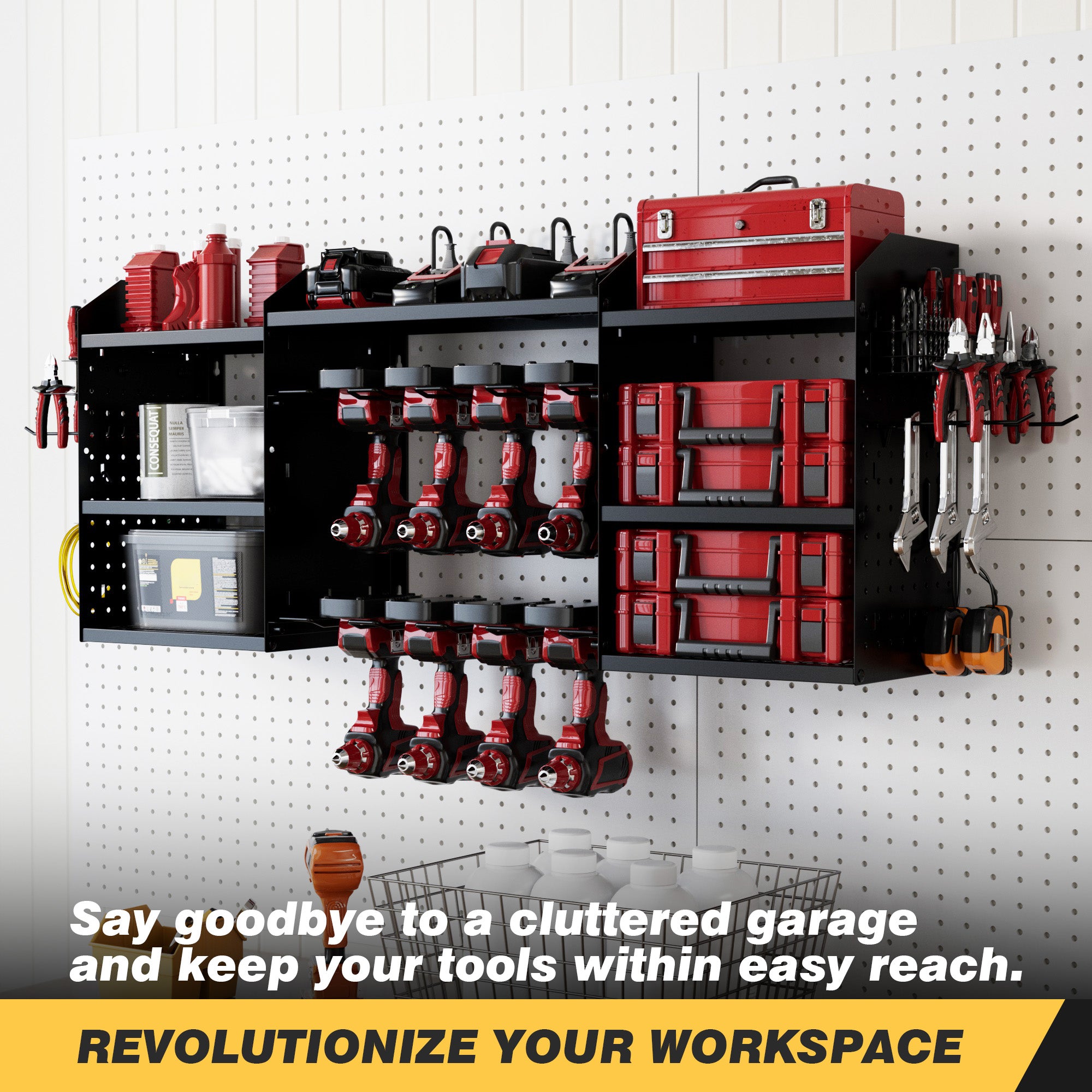 Power Tool Organizer Wall Mount with Charging Station 3-Tier Metal Garage Tool Storage Rack with 8-Outlet Power Strip