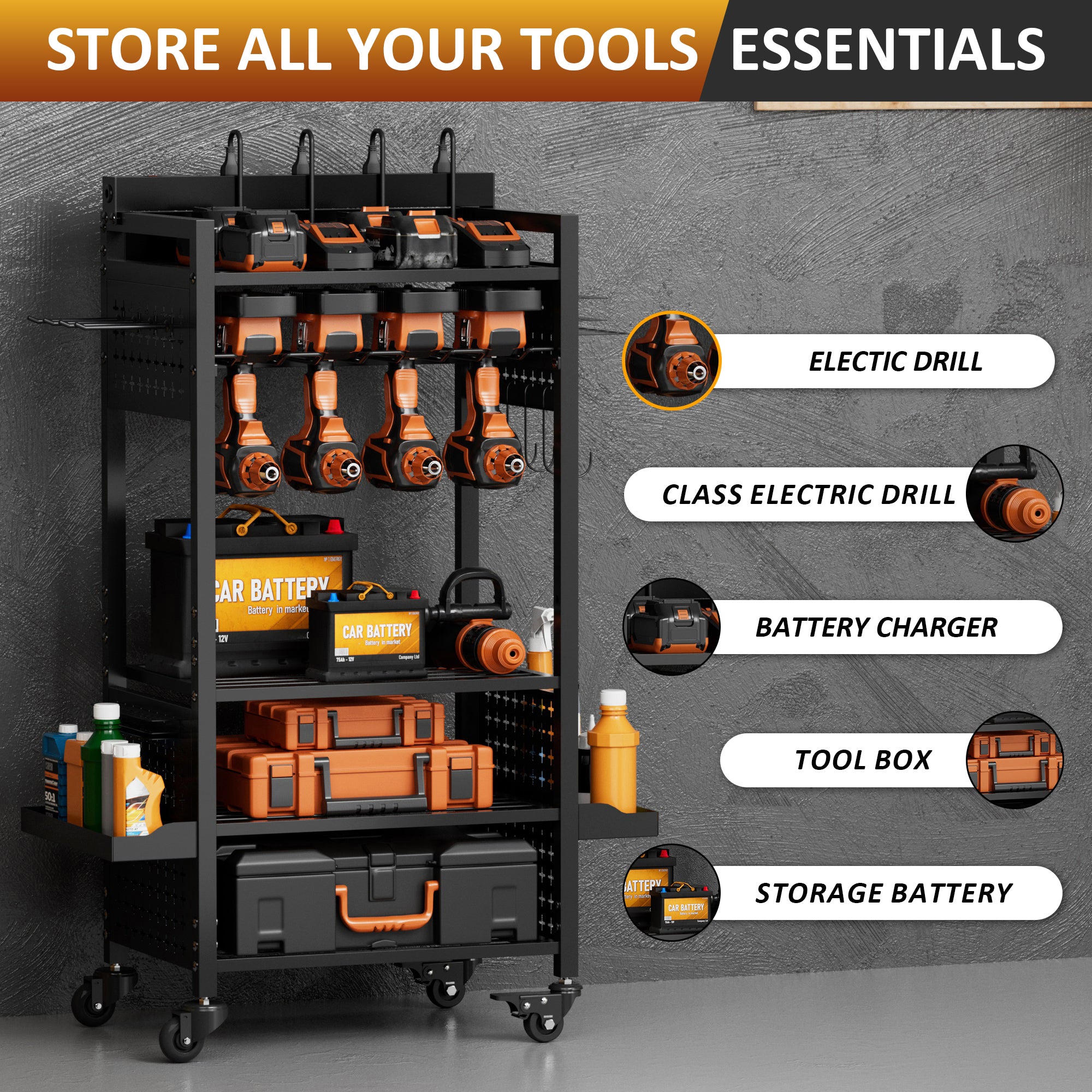 Power Tool Organizer Cart with Adjustable Storage, Garage Workshop Utility Cart for Mechanic, Birthday Gift Ideas for Men