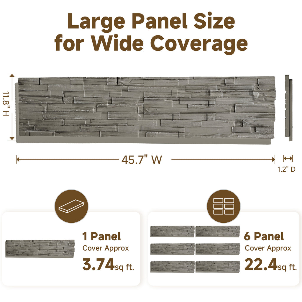 Faux Stone Wall Panels, 6-Pack Premium PU Stone Veneer for Indoor/Outdoor, 3D Artificial Rock Siding for Fireplace Surround & TV Accent Wall, English Brown Castle Stone, 45.67"x11.8"