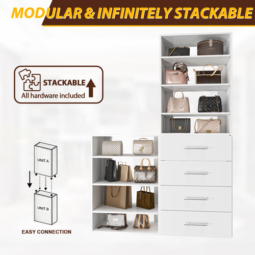 19.5" Wide 4 Drawer Tower Modular Closet System, Closet Storage Organizer with 4 Drawers, White