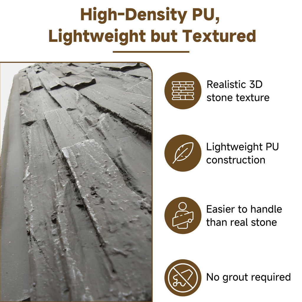 Faux Stone Wall Panels, 6-Pack Premium PU Stone Veneer for Indoor/Outdoor, 3D Artificial Rock Siding for Fireplace Surround & TV Accent Wall, English Brown Castle Stone, 45.67"x11.8"