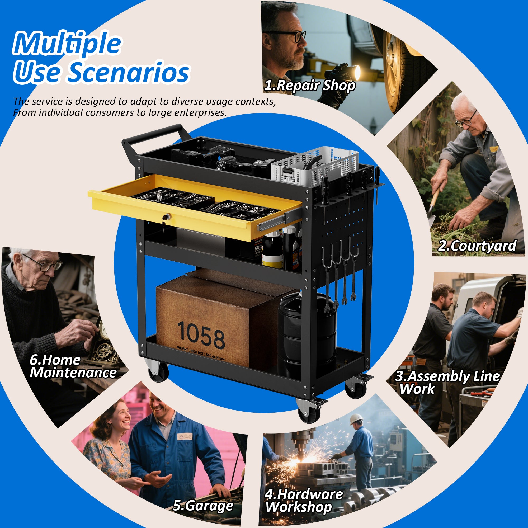 Heavy-Duty Rolling Tool Cart with Drawer & Pegboard, Mobile Garage Storage Organizer for Workshop