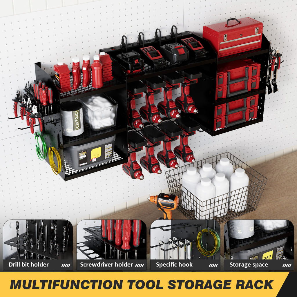 Power Tool Organizer Wall Mount with Charging Station 3-Tier Metal Garage Tool Storage Rack with 8-Outlet Power Strip
