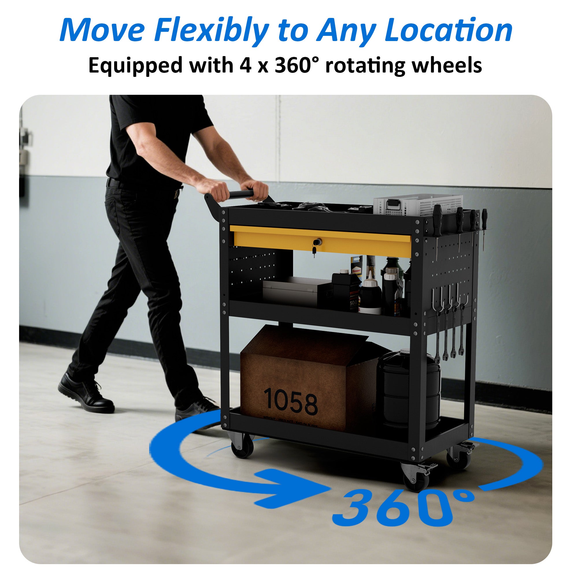 Heavy-Duty Rolling Tool Cart with Drawer & Pegboard, Mobile Garage Storage Organizer for Workshop