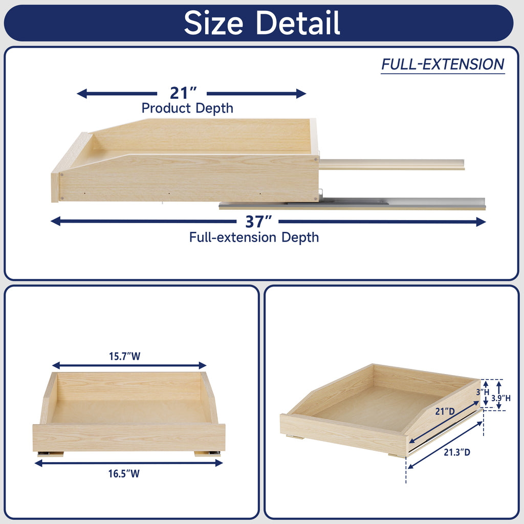 Pull Out Cabinet Organizer 13.5" W x 21" D, Soft Close Slide Out Wood Drawer Shelf for Kitchen Cabinets, Pull Out Cabinet Drawer for Base Cabinet, Pantry and Bathroom Storage, Bottom Mount