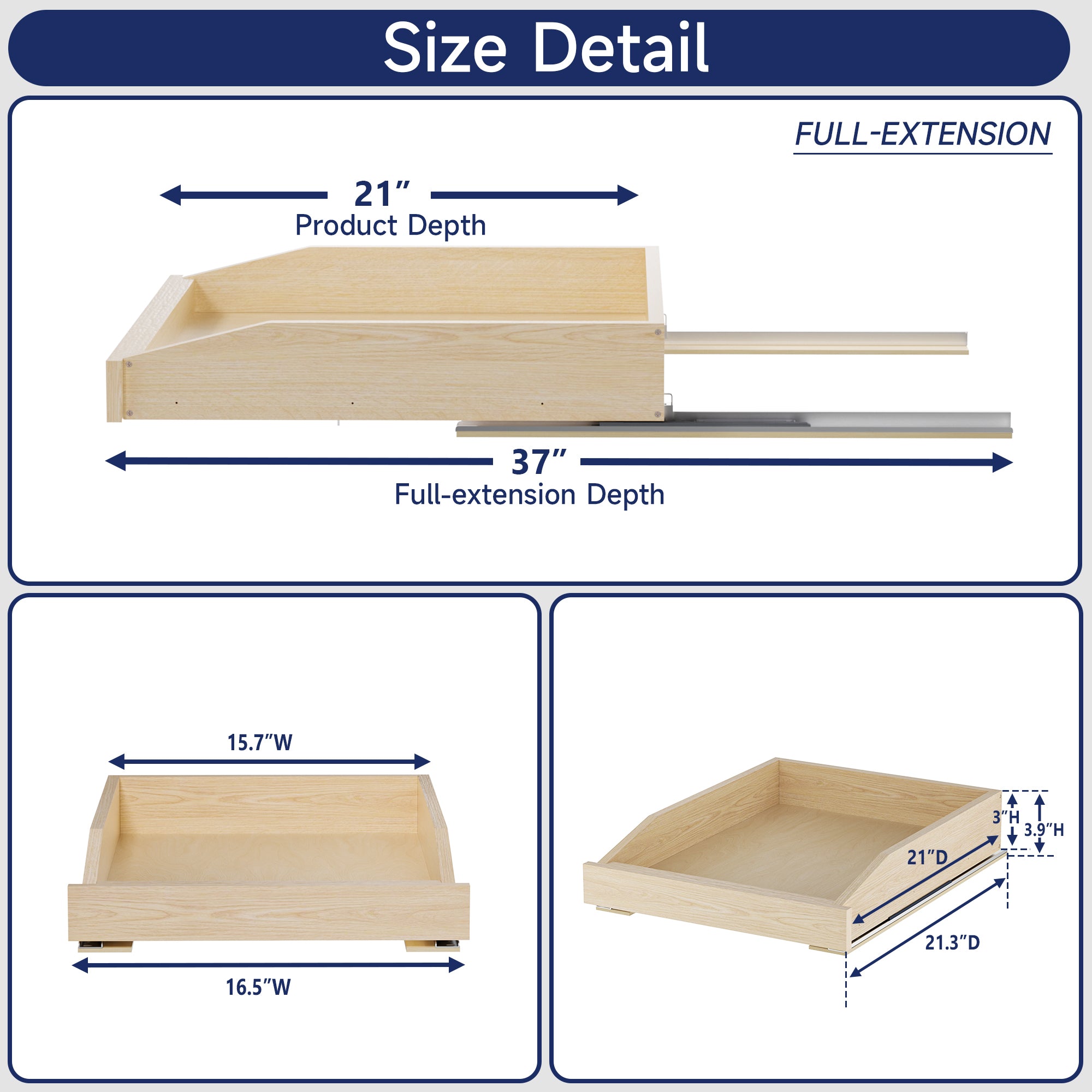 Pull Out Cabinet Organizer 13.5" W x 21" D, Soft Close Slide Out Wood Drawer Shelf for Kitchen Cabinets, Pull Out Cabinet Drawer for Base Cabinet, Pantry and Bathroom Storage, Bottom Mount