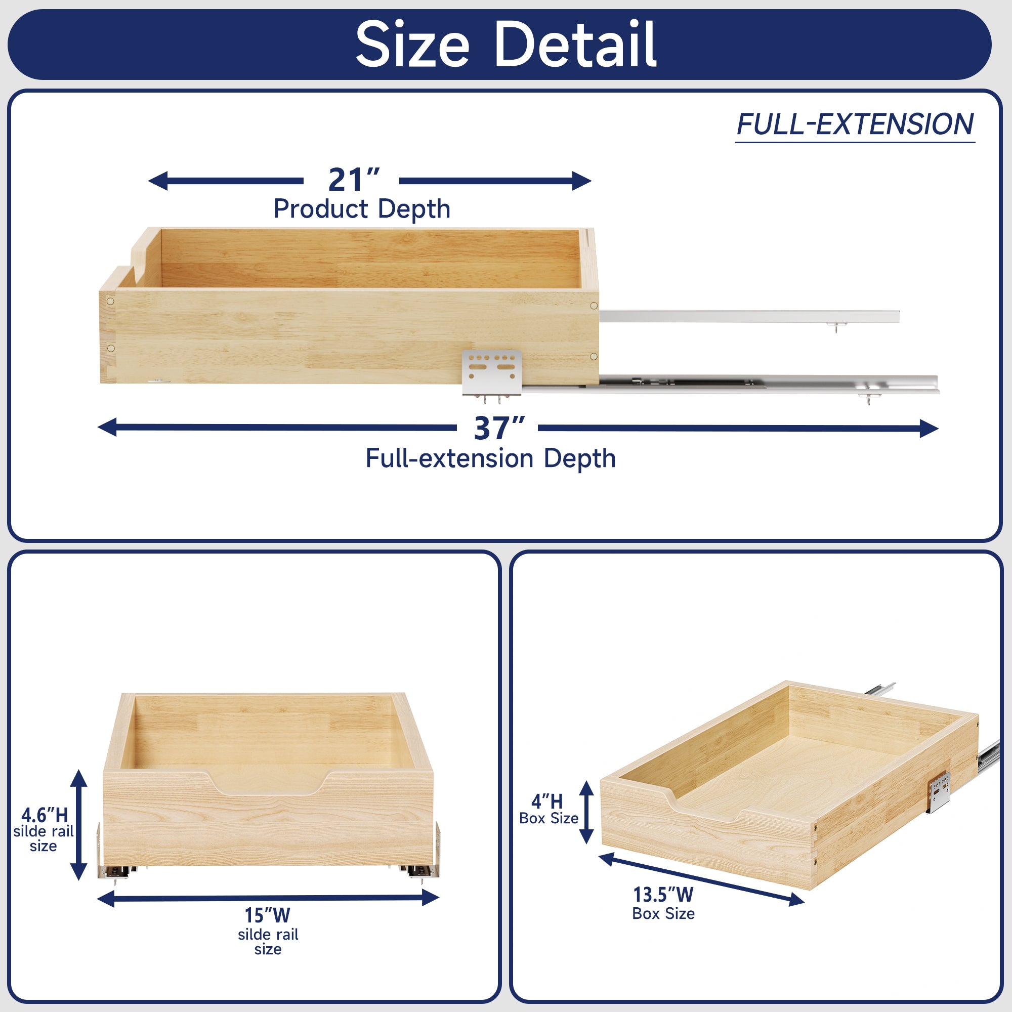 Pull Out Cabinet Organizer, 13.5 in W x 21 in D Solid Wood Slide Out Drawer, Soft Close Sliding Shelf, Bottom or Side Mount for Kitchen Pantry Bathroom, Fits 14.5 in Cabinet Opening