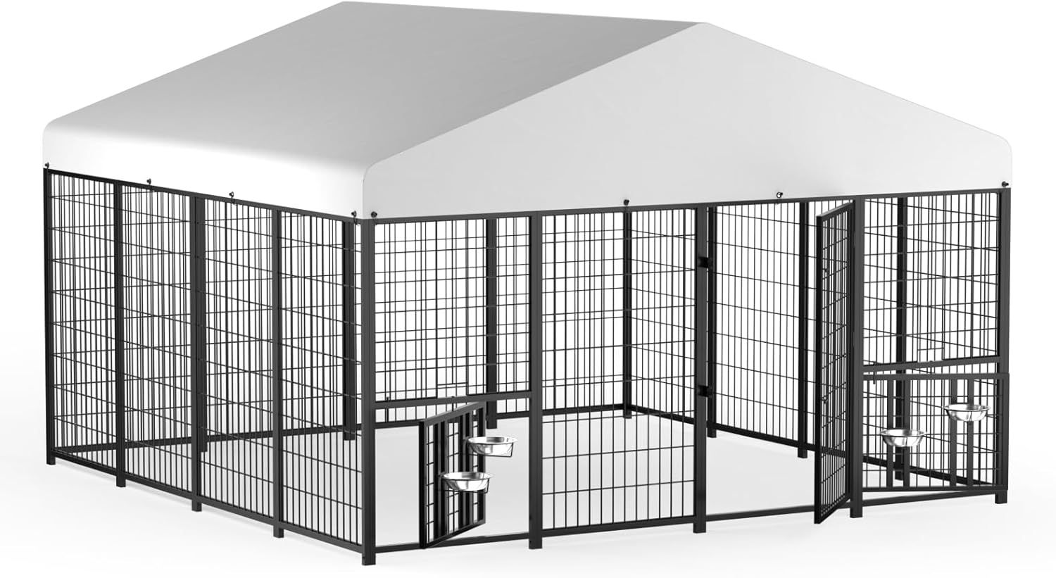 LUXYARD Outdoor Dog Kennel with Rotating Feeding Door, Stainless Bowls and Upgraded Polyester Roof