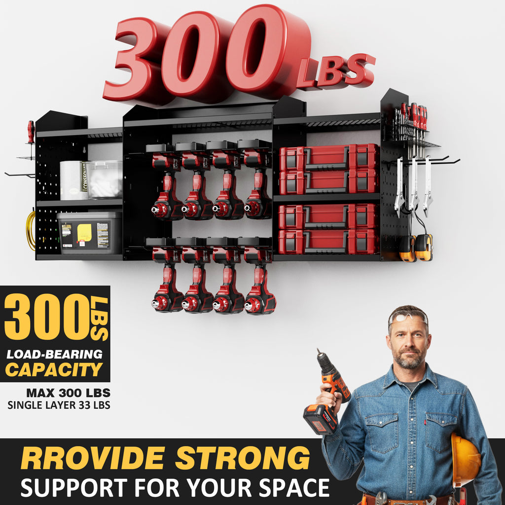 Power Tool Organizer Wall Mount with Charging Station 3-Tier Metal Garage Tool Storage Rack with 8-Outlet Power Strip