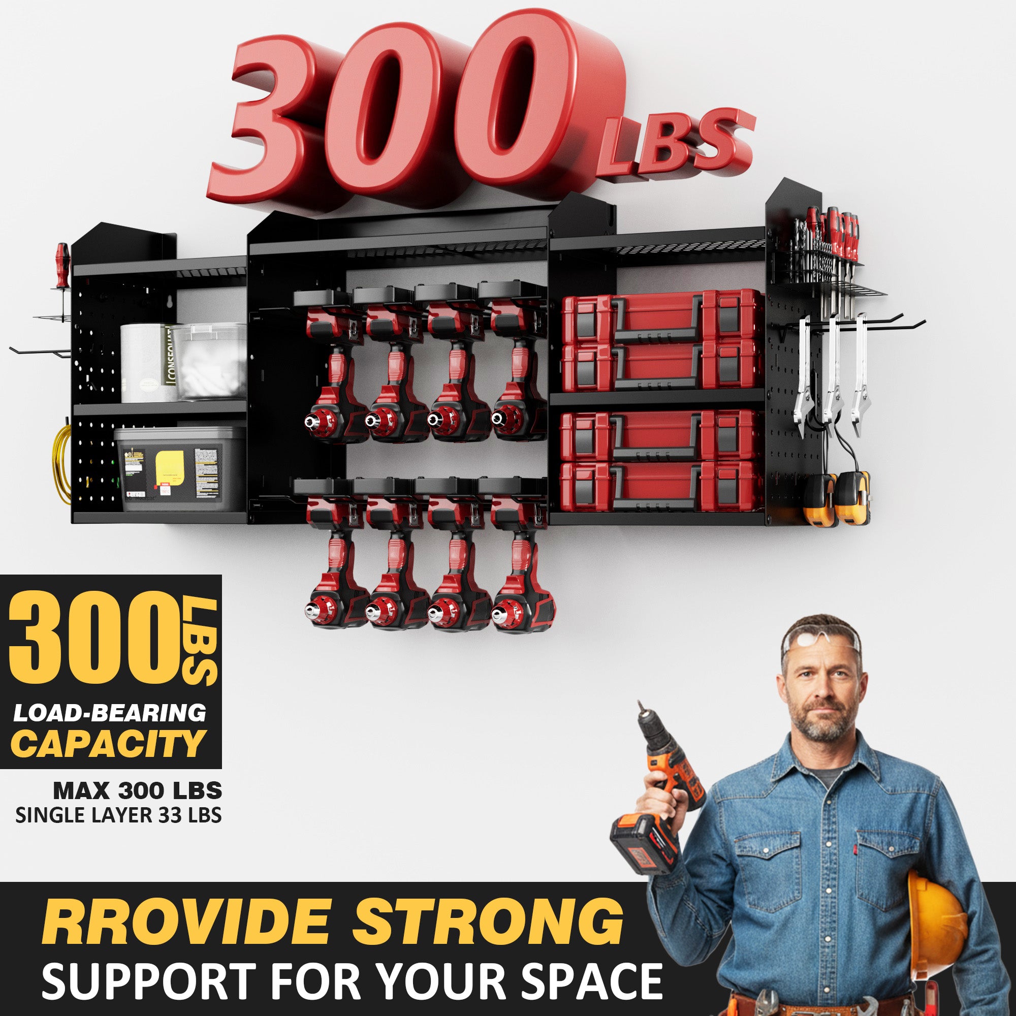 Power Tool Organizer Wall Mount with Charging Station 3-Tier Metal Garage Tool Storage Rack with 8-Outlet Power Strip