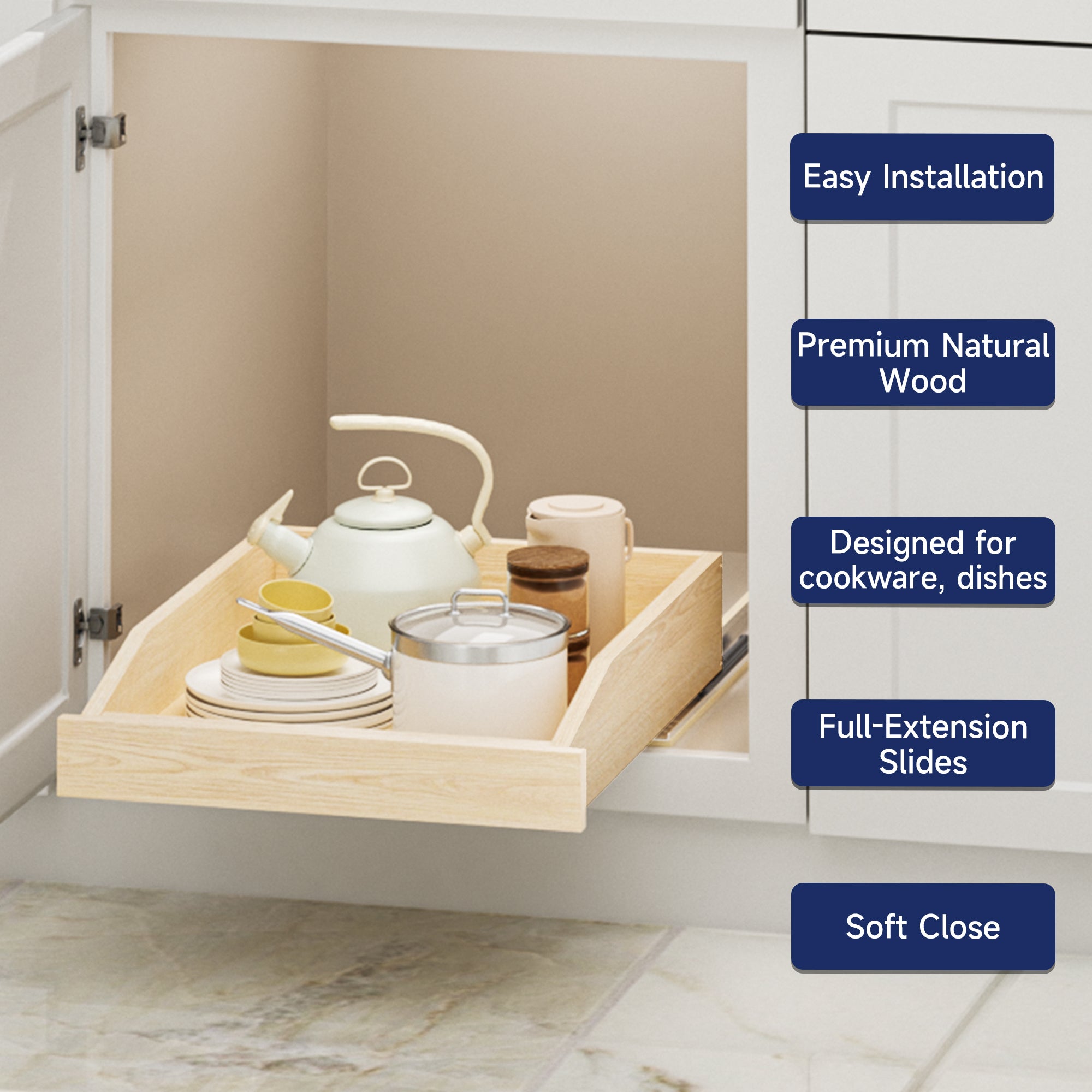 Pull Out Cabinet Organizer 13.5" W x 21" D, Soft Close Slide Out Wood Drawer Shelf for Kitchen Cabinets, Pull Out Cabinet Drawer for Base Cabinet, Pantry and Bathroom Storage, Bottom Mount