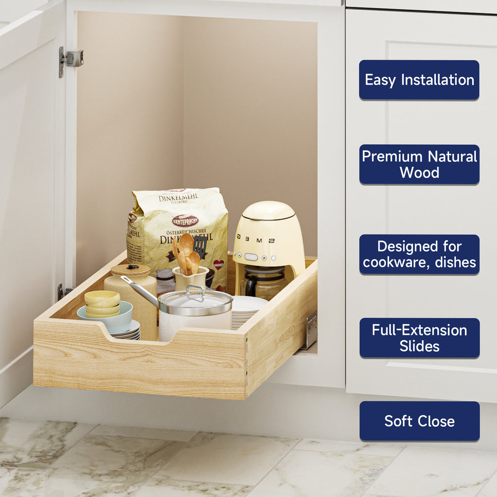 Pull Out Cabinet Organizer, 13.5 in W x 21 in D Solid Wood Slide Out Drawer, Soft Close Sliding Shelf, Bottom or Side Mount for Kitchen Pantry Bathroom, Fits 14.5 in Cabinet Opening