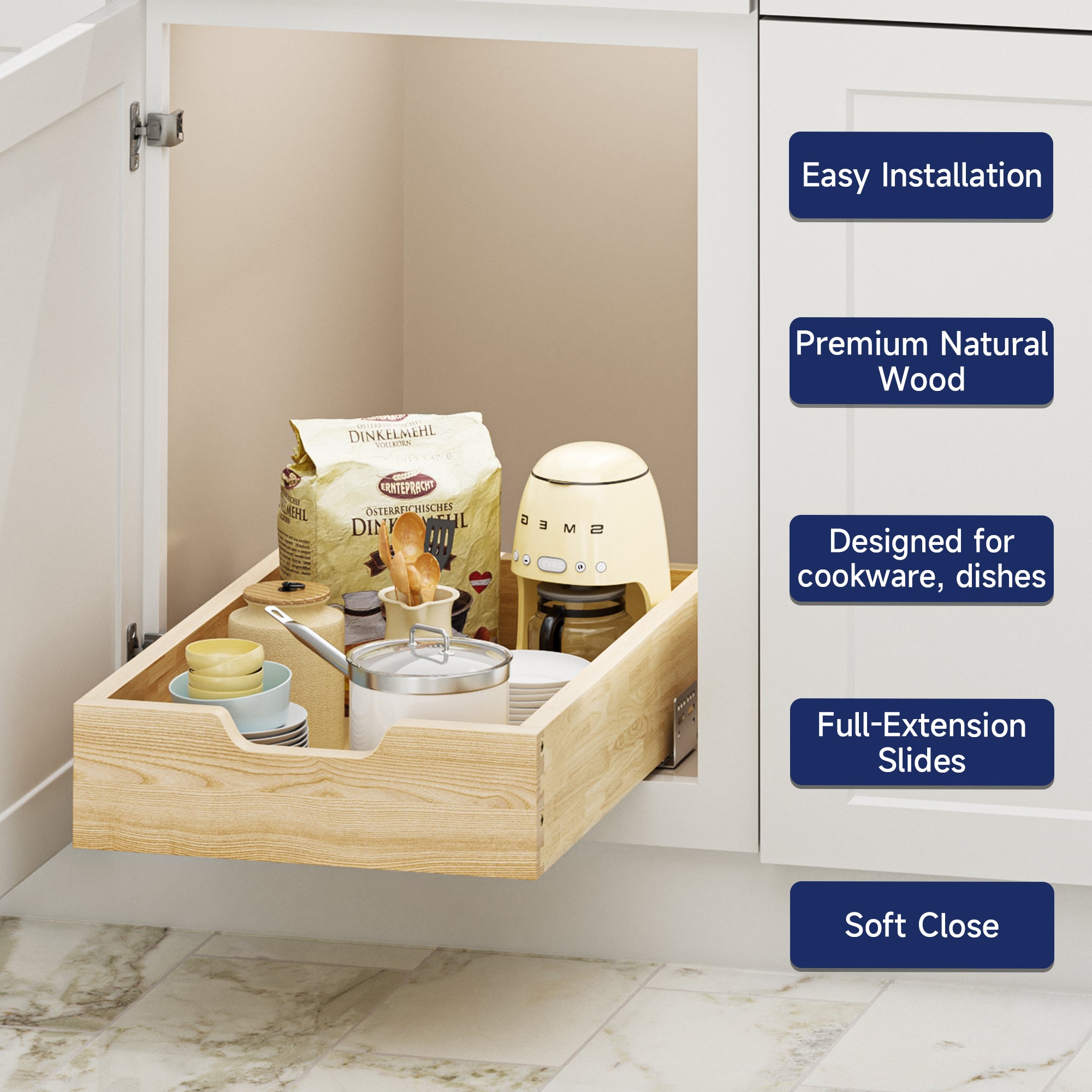 Pull Out Cabinet Organizer, 13.5 in W x 21 in D Solid Wood Slide Out Drawer, Soft Close Sliding Shelf, Bottom or Side Mount for Kitchen Pantry Bathroom, Fits 14.5 in Cabinet Opening