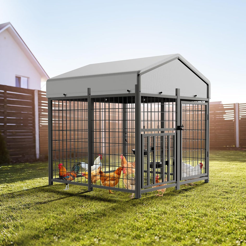 LUXYARD 4x4 ft Metal Chicken Coop Run with Side Hardware Cloth, Large Walk-in Outdoor Poultry Cage Heavy Duty Predator Proof Hen Duck Rabbit Farm Pen House, Waterproof Anti-UV Cover
