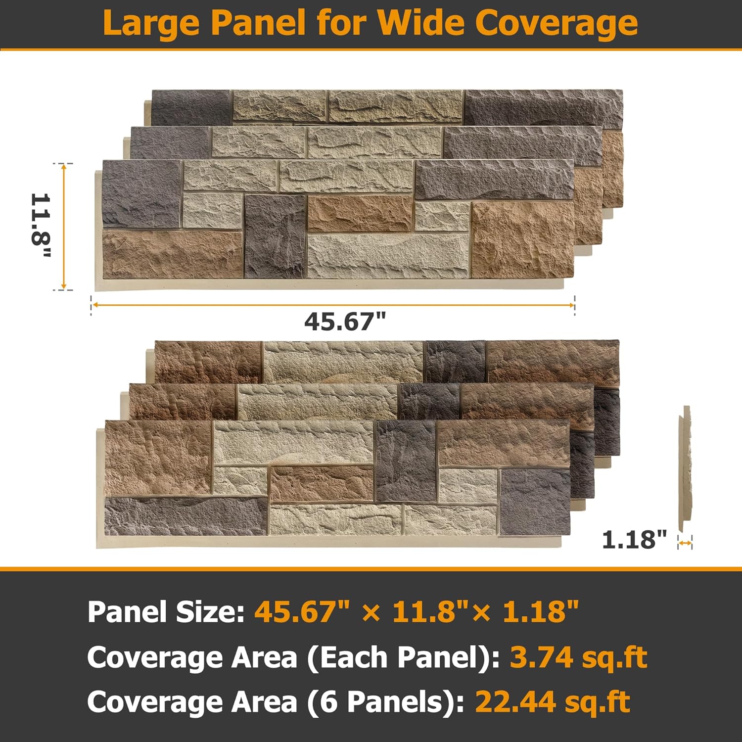 Faux Stone Wall Panels, 1-Pack Premium PU Stone Veneer for Indoor/Outdoor, 3D Artificial Rock Siding for Fireplace Surround & TV Accent Wall, English Brown Castle Stone, 45.67"x11.8"