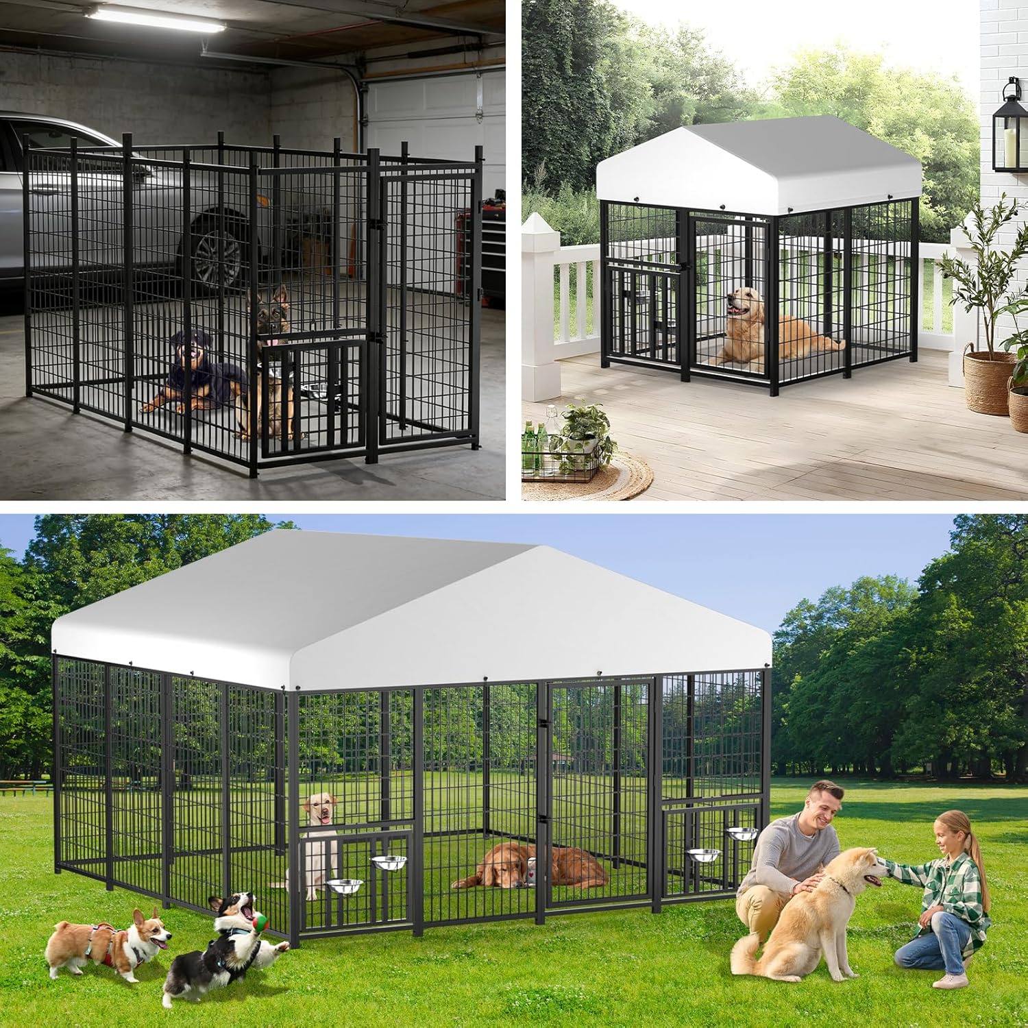 LUXYARD Outdoor Dog Kennel with Rotating Feeding Door, Stainless Bowls and Upgraded Polyester Roof