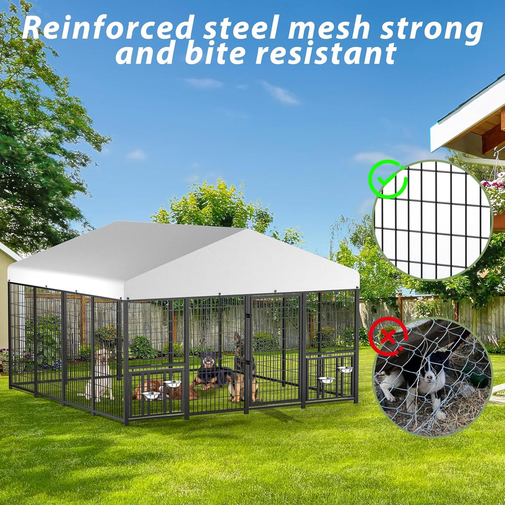 LUXYARD Outdoor Dog Kennel with Rotating Feeding Door, Stainless Bowls and Upgraded Polyester Roof
