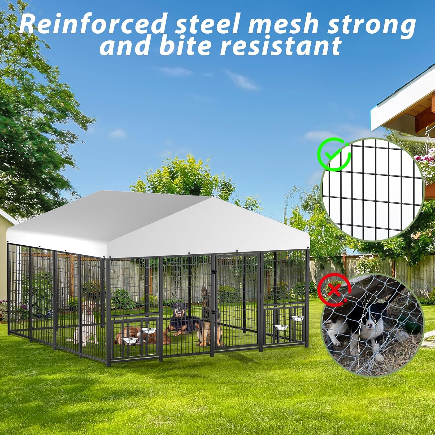 LUXYARD Outdoor Dog Kennel with Rotating Feeding Door, Stainless Bowls and Upgraded Polyester Roof