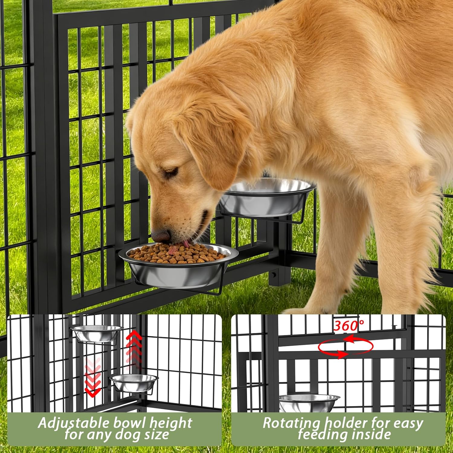 LUXYARD Outdoor Dog Kennel with Rotating Feeding Door, Stainless Bowls and Upgraded Polyester Roof