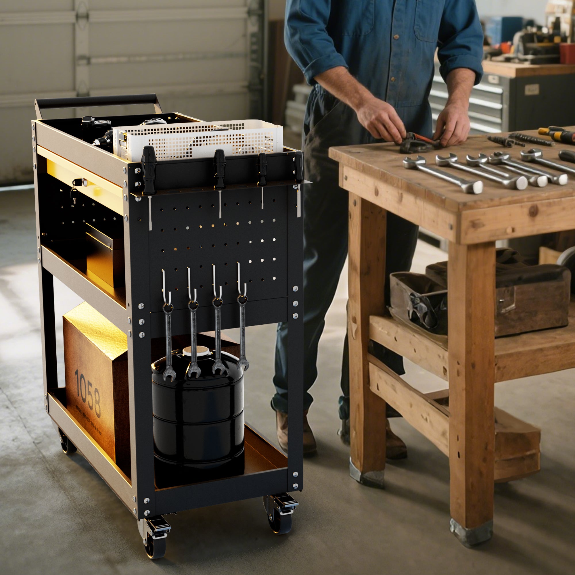 Heavy-Duty Rolling Tool Cart with Drawer & Pegboard, Mobile Garage Storage Organizer for Workshop