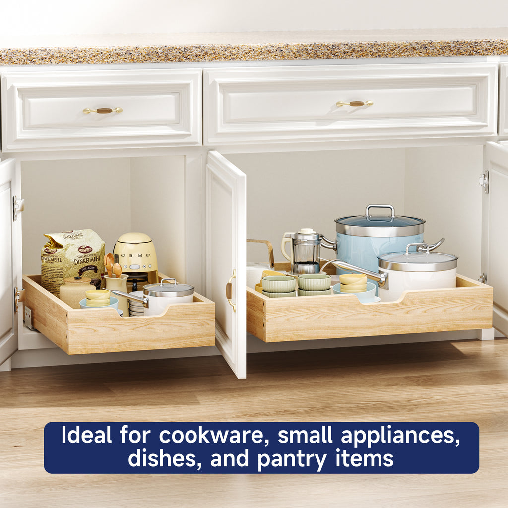 Pull Out Cabinet Organizer, 13.5 in W x 21 in D Solid Wood Slide Out Drawer, Soft Close Sliding Shelf, Bottom or Side Mount for Kitchen Pantry Bathroom, Fits 14.5 in Cabinet Opening