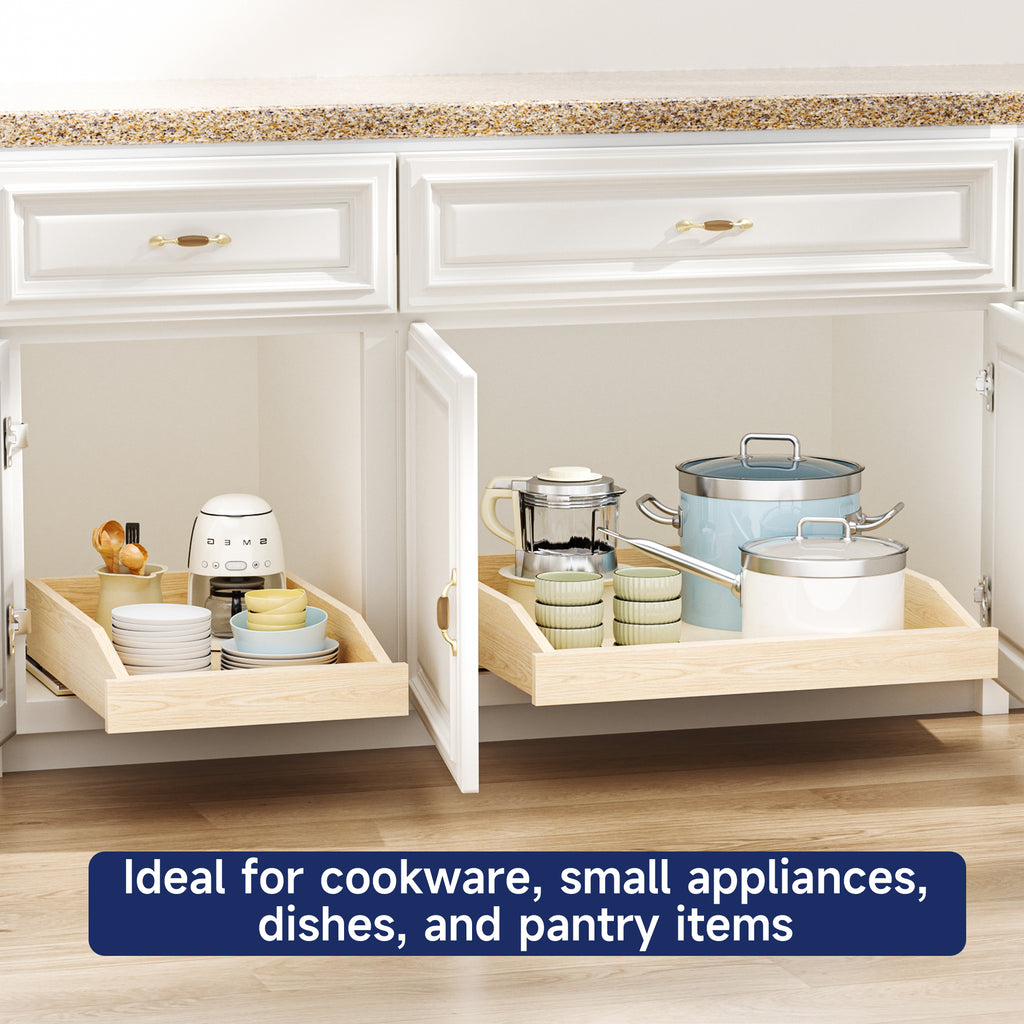 Pull Out Cabinet Organizer 13.5" W x 21" D, Soft Close Slide Out Wood Drawer Shelf for Kitchen Cabinets, Pull Out Cabinet Drawer for Base Cabinet, Pantry and Bathroom Storage, Bottom Mount