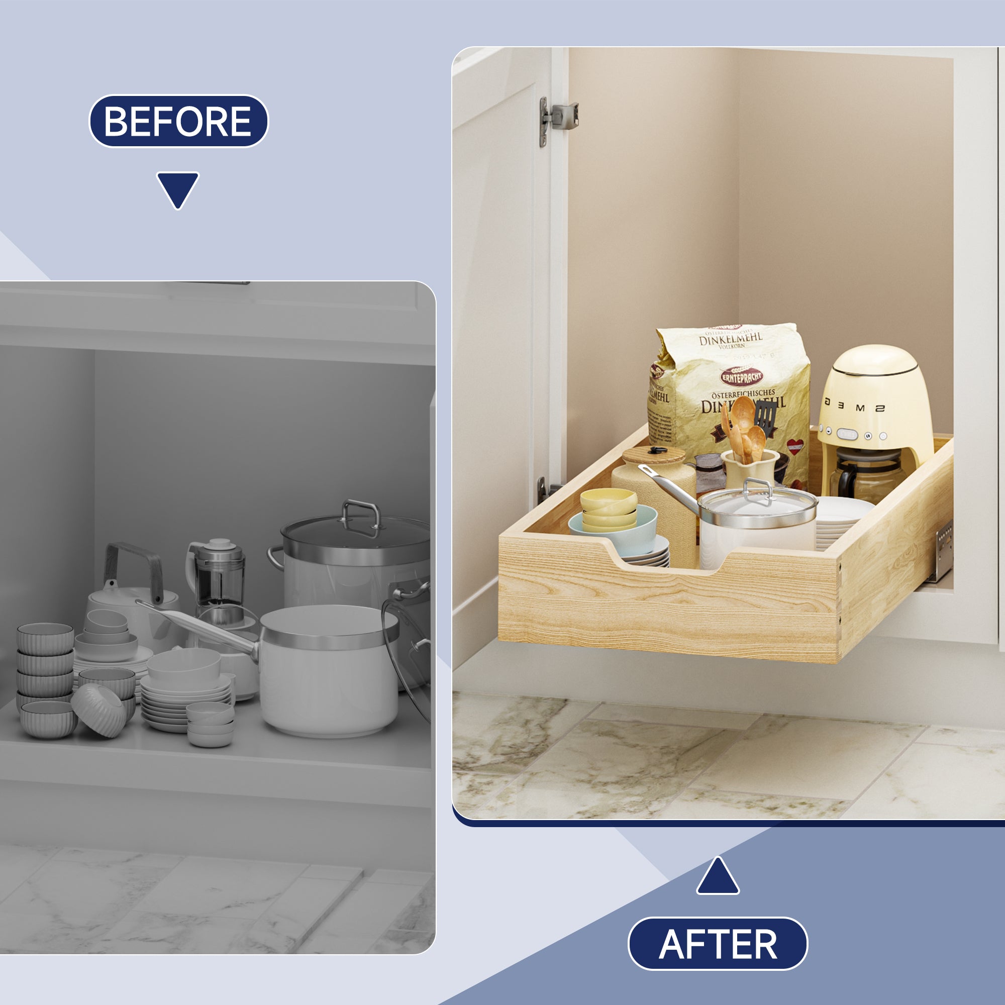 Pull Out Cabinet Organizer, 13.5 in W x 21 in D Solid Wood Slide Out Drawer, Soft Close Sliding Shelf, Bottom or Side Mount for Kitchen Pantry Bathroom, Fits 14.5 in Cabinet Opening