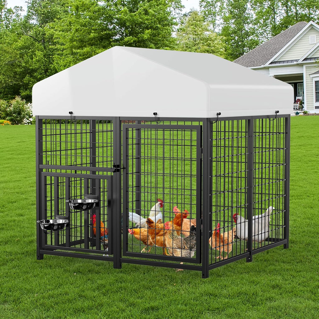 LUXYARD 4x4 ft Metal Chicken Coop Run with Side Hardware Cloth, Large Walk-in Outdoor Poultry Cage Heavy Duty Predator Proof Hen Duck Rabbit Farm Pen House, Waterproof Anti-UV Cover