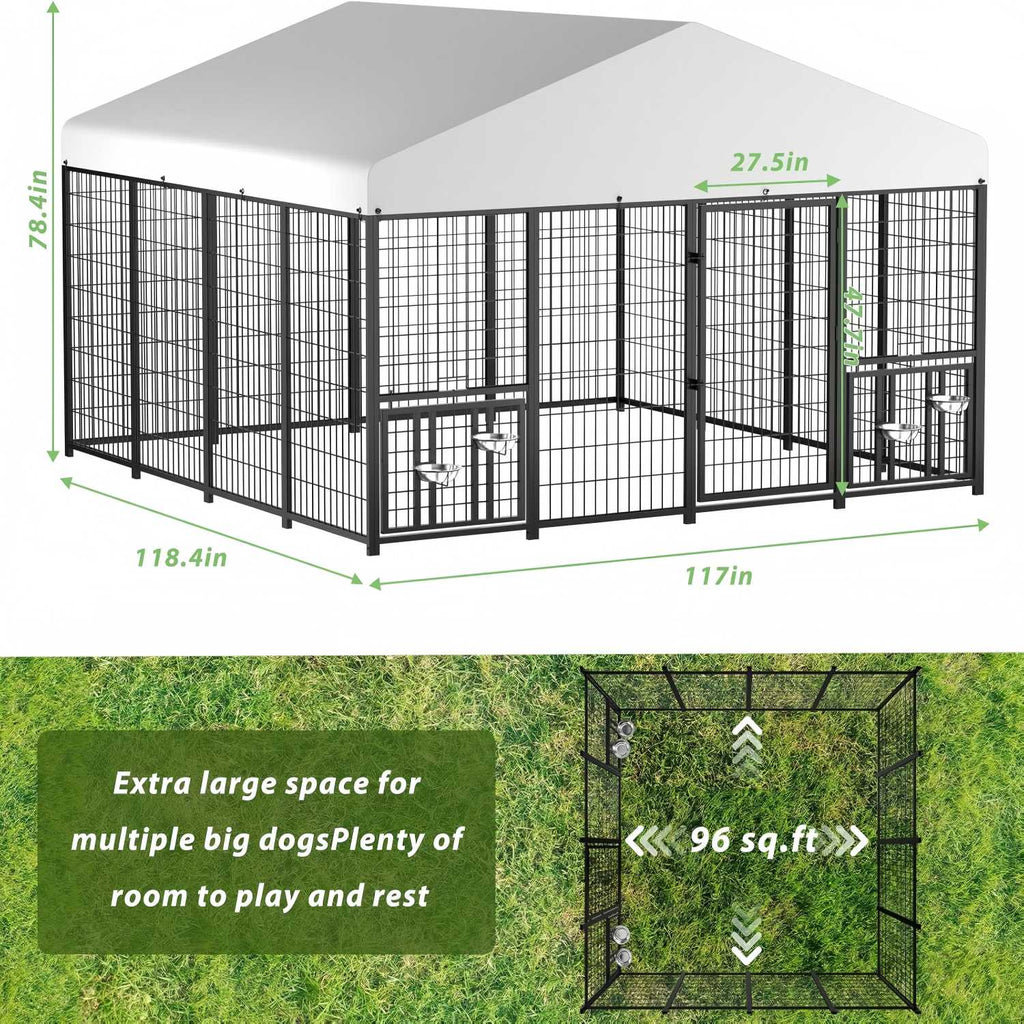 LUXYARD Outdoor Dog Kennel with Rotating Feeding Door, Stainless Bowls and Upgraded Polyester Roof