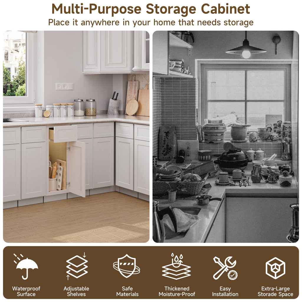 Kitchen Base Cabinets with 1-Drawer and Adjustable Shelf in Shaker White