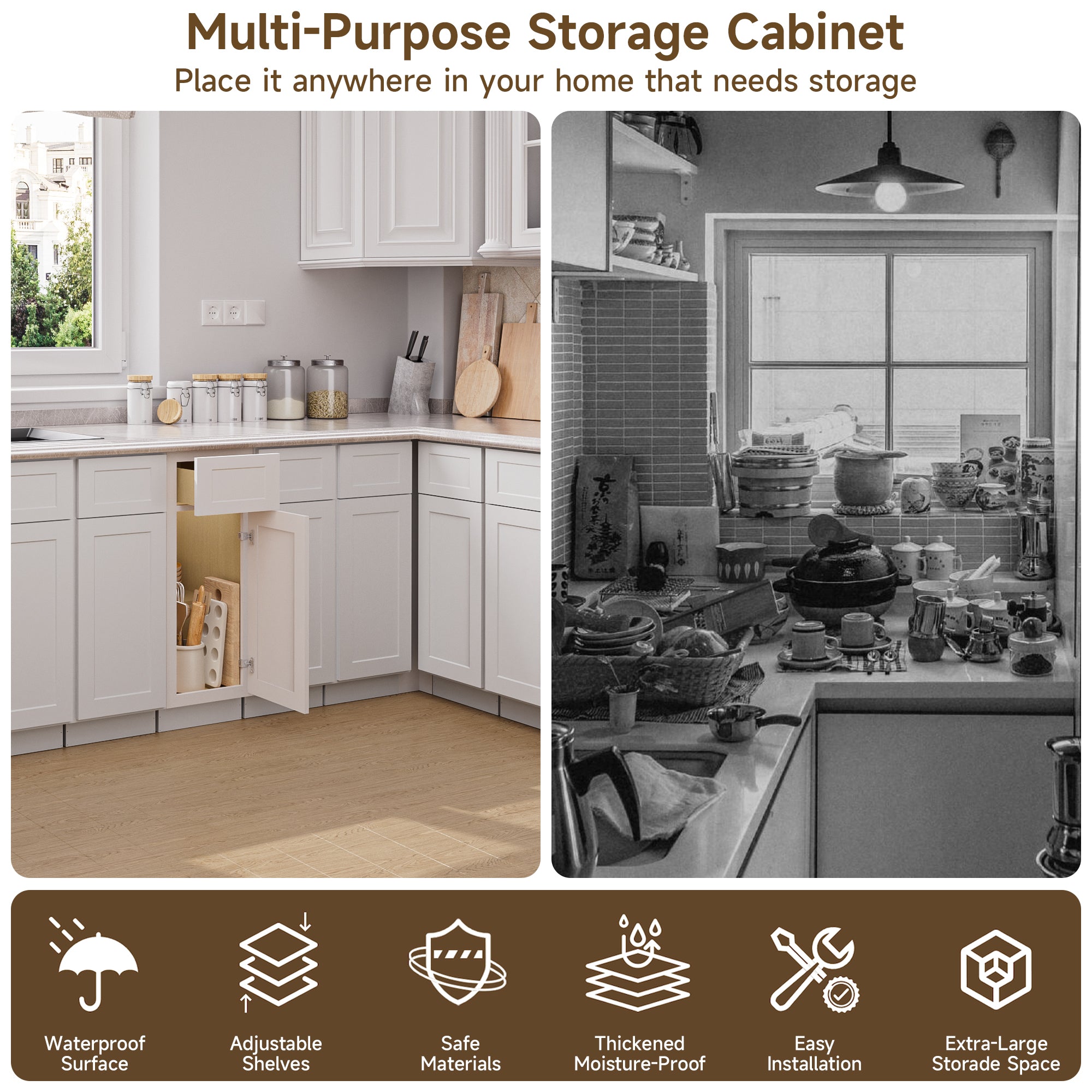 Kitchen Base Cabinets with 1-Drawer and Adjustable Shelf in Shaker White