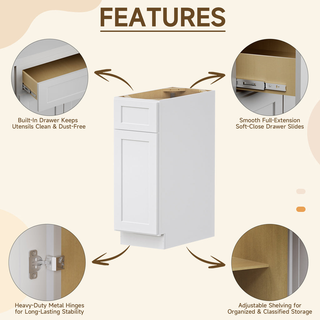 Kitchen Base Cabinets with 1-Drawer and Adjustable Shelf in Shaker White