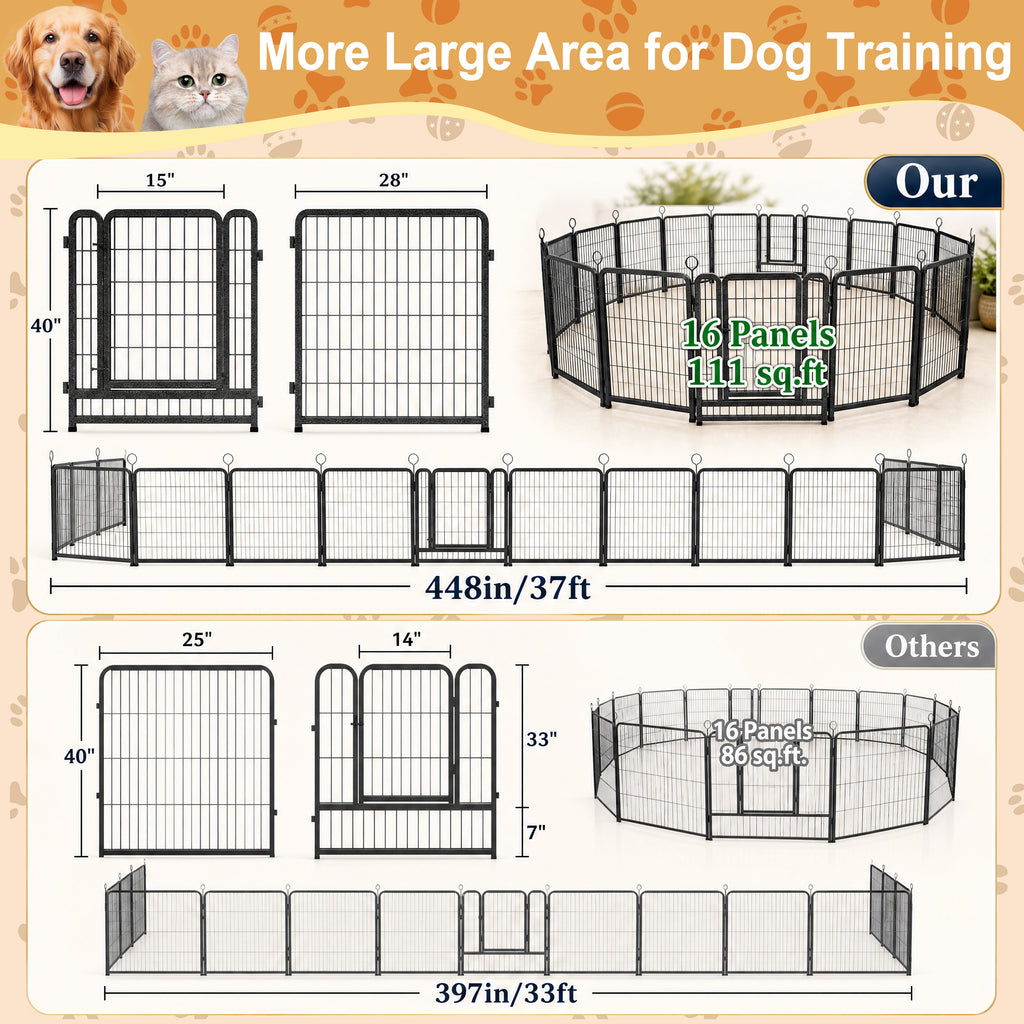 Dog Playpen Outdoor Extra Wide 16 Piece Panels Heavy Duty Dog Fence 40Inch Height Anti Rust with Doors Portable for RV Camping Yard Total 37FT 111Sq ft Snowy Black