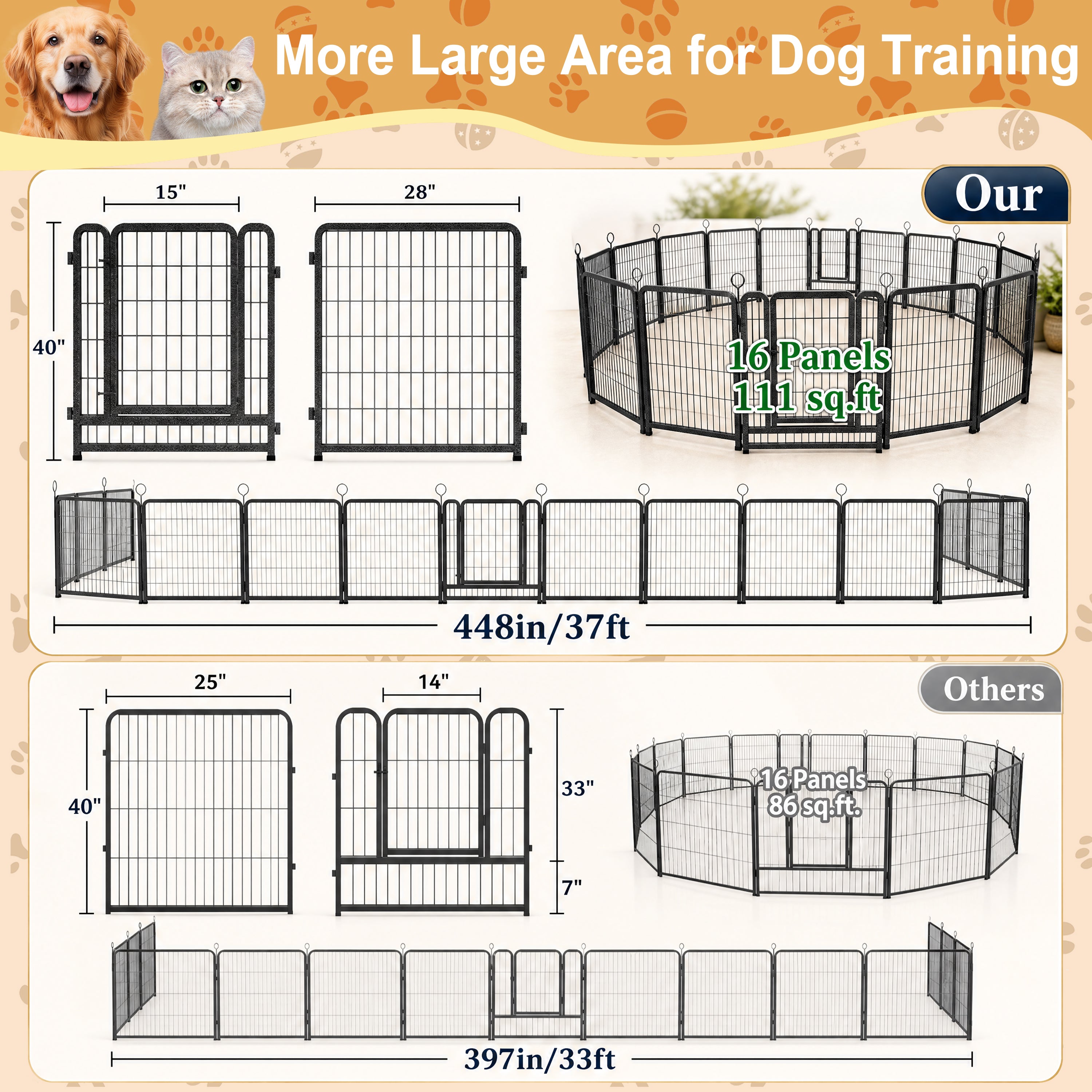 Dog Playpen Outdoor Extra Wide 16 Piece Panels Heavy Duty Dog Fence 40Inch Height Anti Rust with Doors Portable for RV Camping Yard Total 37FT 111Sq ft Snowy Black